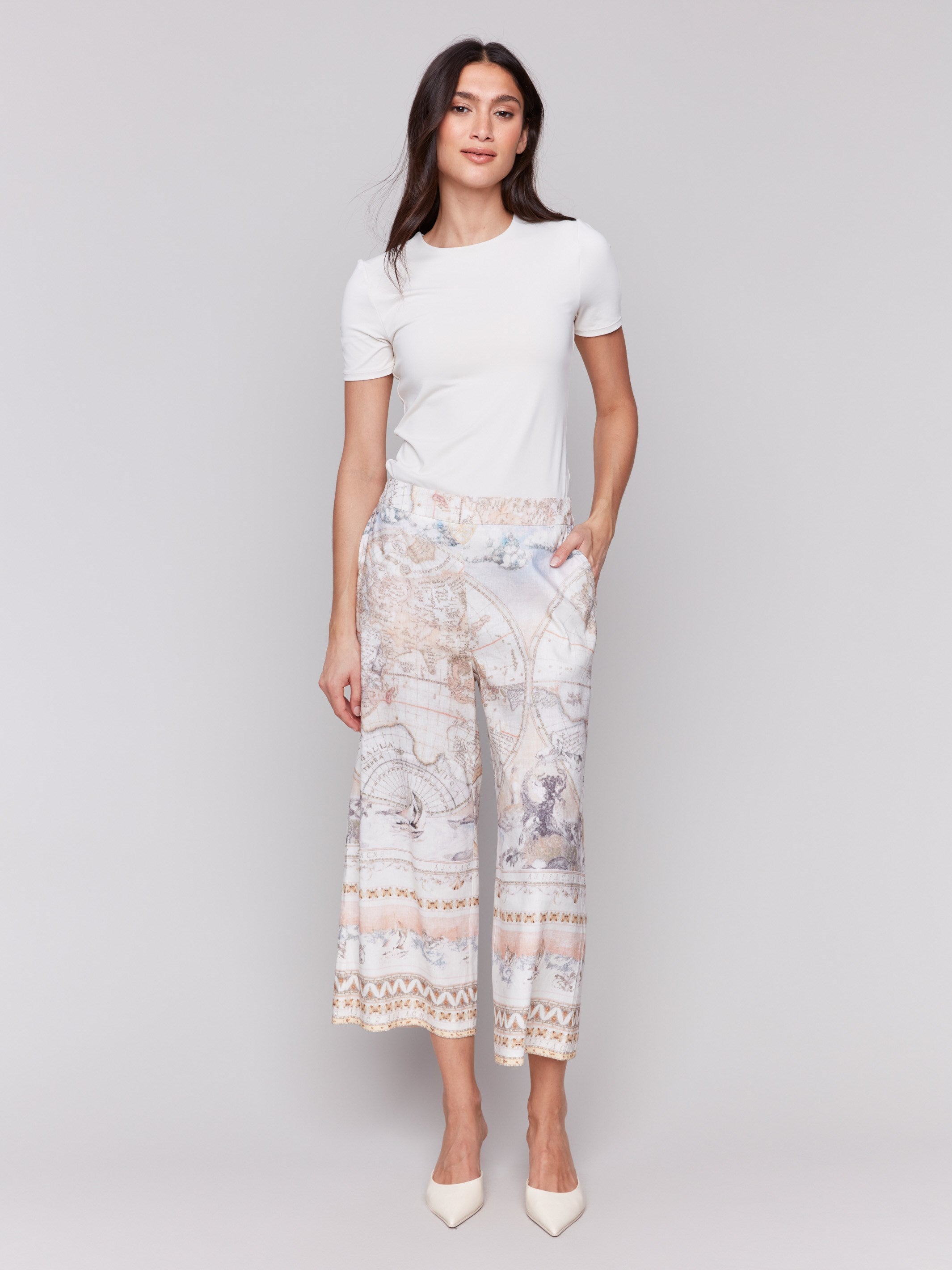 Printed Linen Blend Cropped Pull On Pants - Women's Comfortable Summer Casual Trousers for Beach, Travel & Lounge Wear