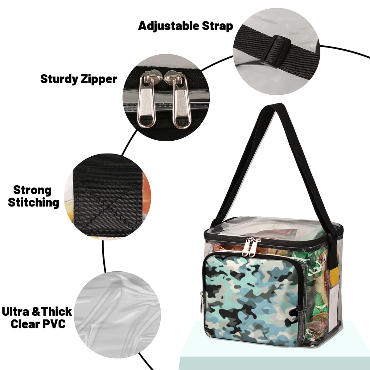 GzLeyigou Camouflage Clear Tote Bag with Handles - Blue Black Camo Transparent Crossbody Shoulder Lunch Bag for Women & Men | Outdoor Travel, Picnic, Concert, Sports Events | Stadium Approved Multipurpose Carryall