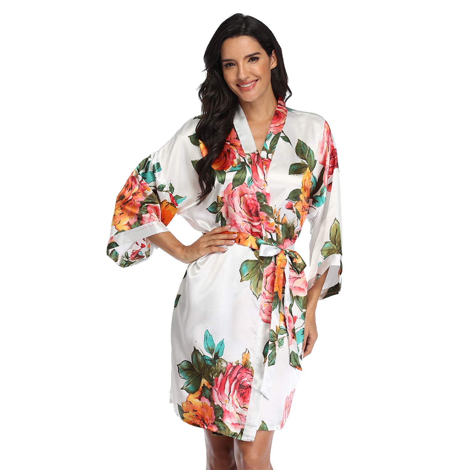 Women's Floral Satin Robe - Short Kimono Dressing Gown for Bridesmaids, Lounge Wear & Sleepwear - Perfect for Spa Days, Bridal Showers & Relaxing at Home