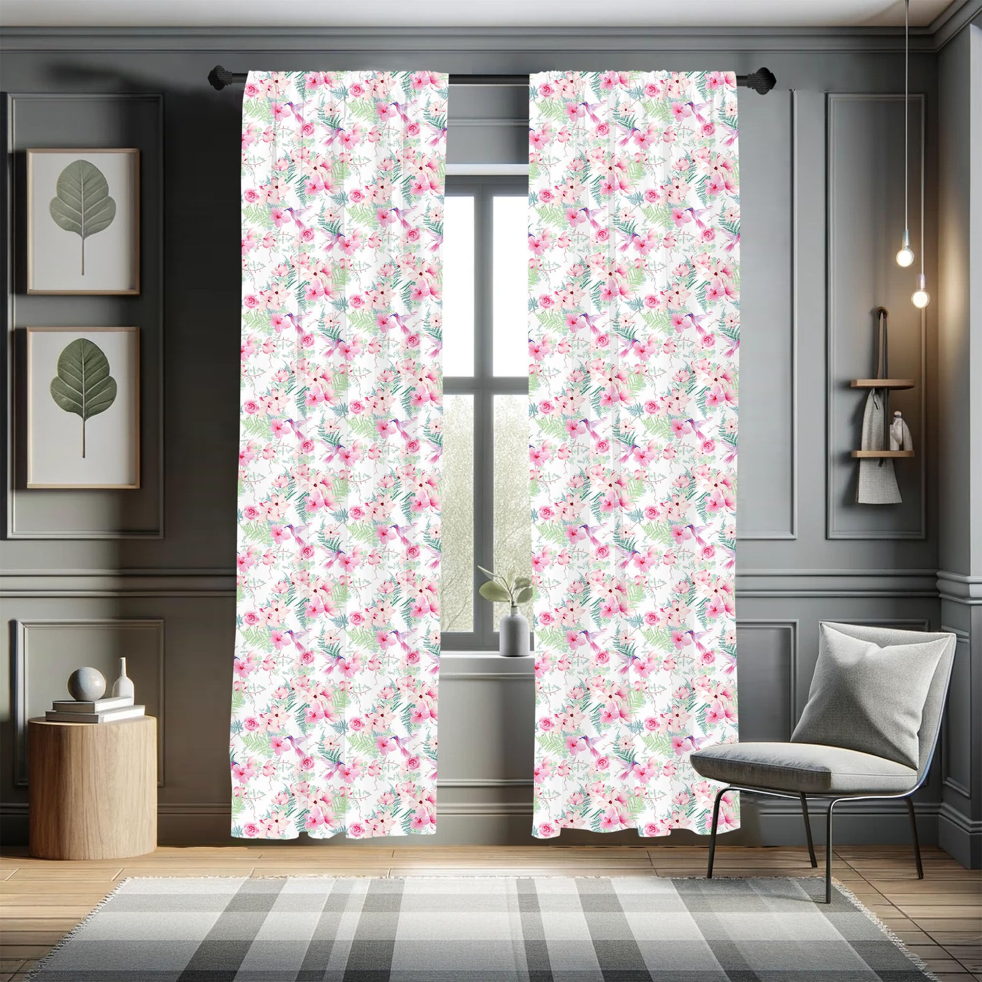 Romantic Hummingbird & Floral Window Curtains - Lightweight Pink & Green Valentine's Decor - 28
