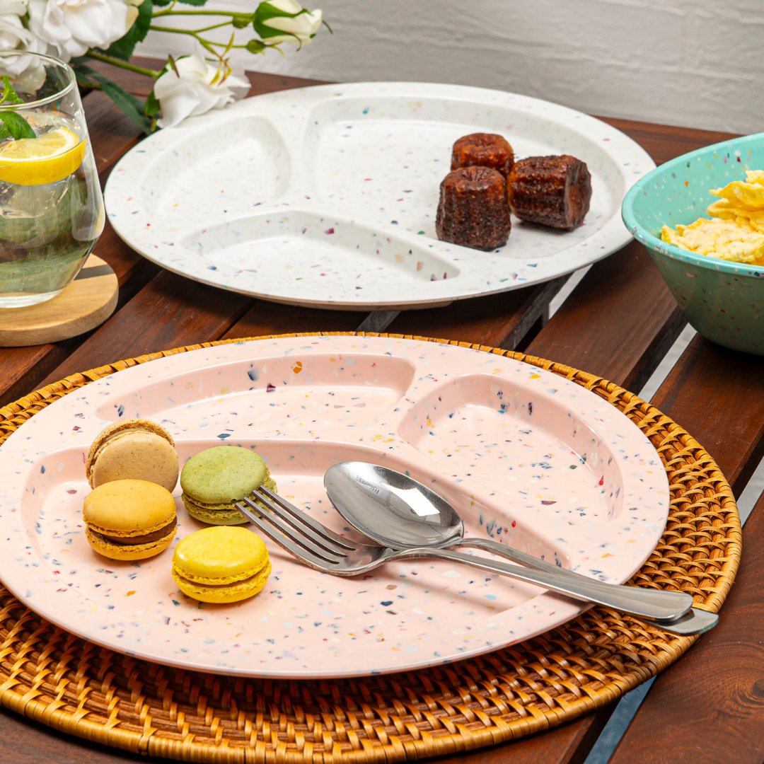2-Piece Confetti Divided BBQ Plates Set - Pink Melamine Serving Dishes for Outdoor Picnics, Parties & Grilling