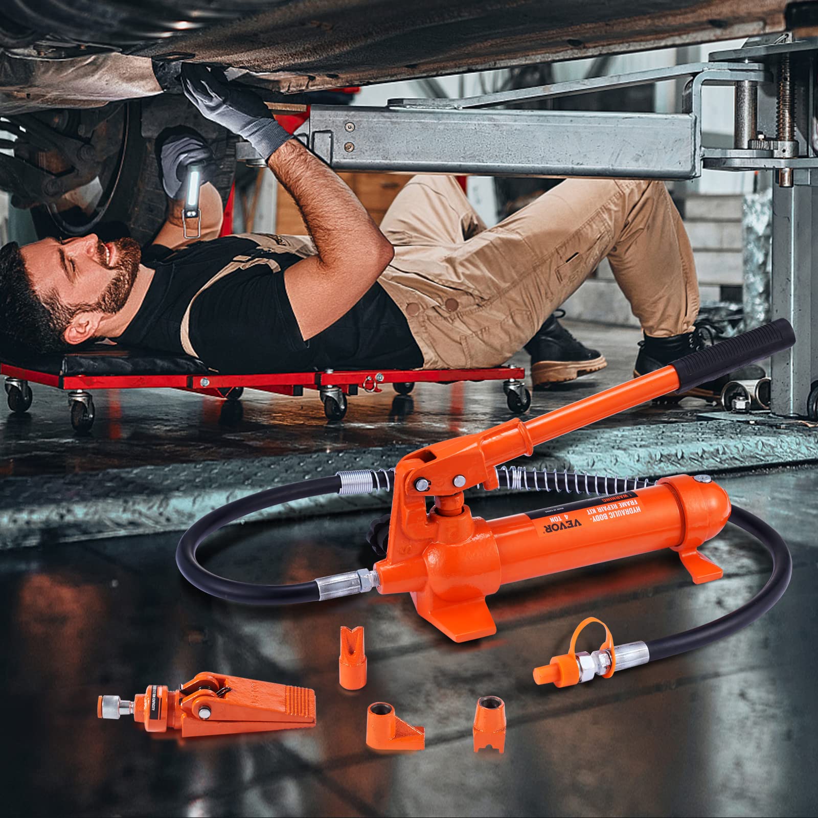 VEVOR 4 Ton Porta Power Kit - Portable Hydraulic Jack with 3.9ft Oil Hose, Auto Body Frame Repair Kit (8800LBS) - Ideal for Car Repair, Truck Maintenance & Farm Equipment Fixing