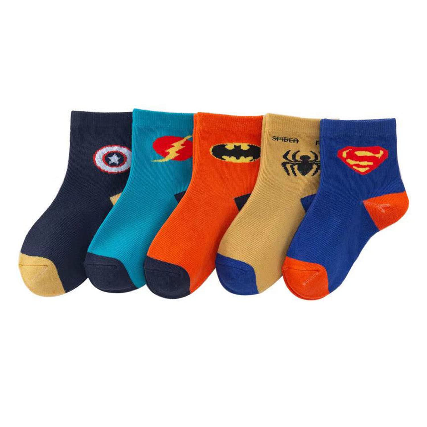 Superhero Kids Socks 5-Pack - Spiderman, Captain America, Iron Man, Batman - Soft Cotton Socks for Boys & Girls Ages 1-11 - Perfect for School, Play & Costume Parties