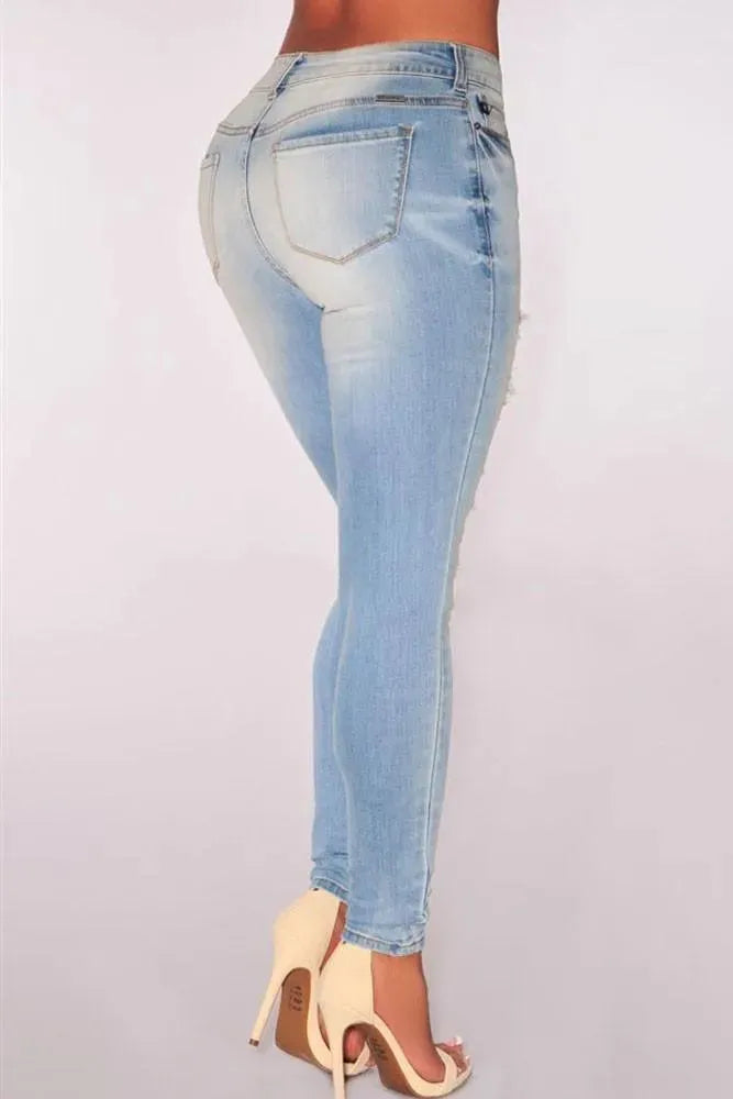 Women's Skinny Distressed Stretch Jeans - High Waist Ripped Denim Pants for Casual Wear & Everyday Outfits