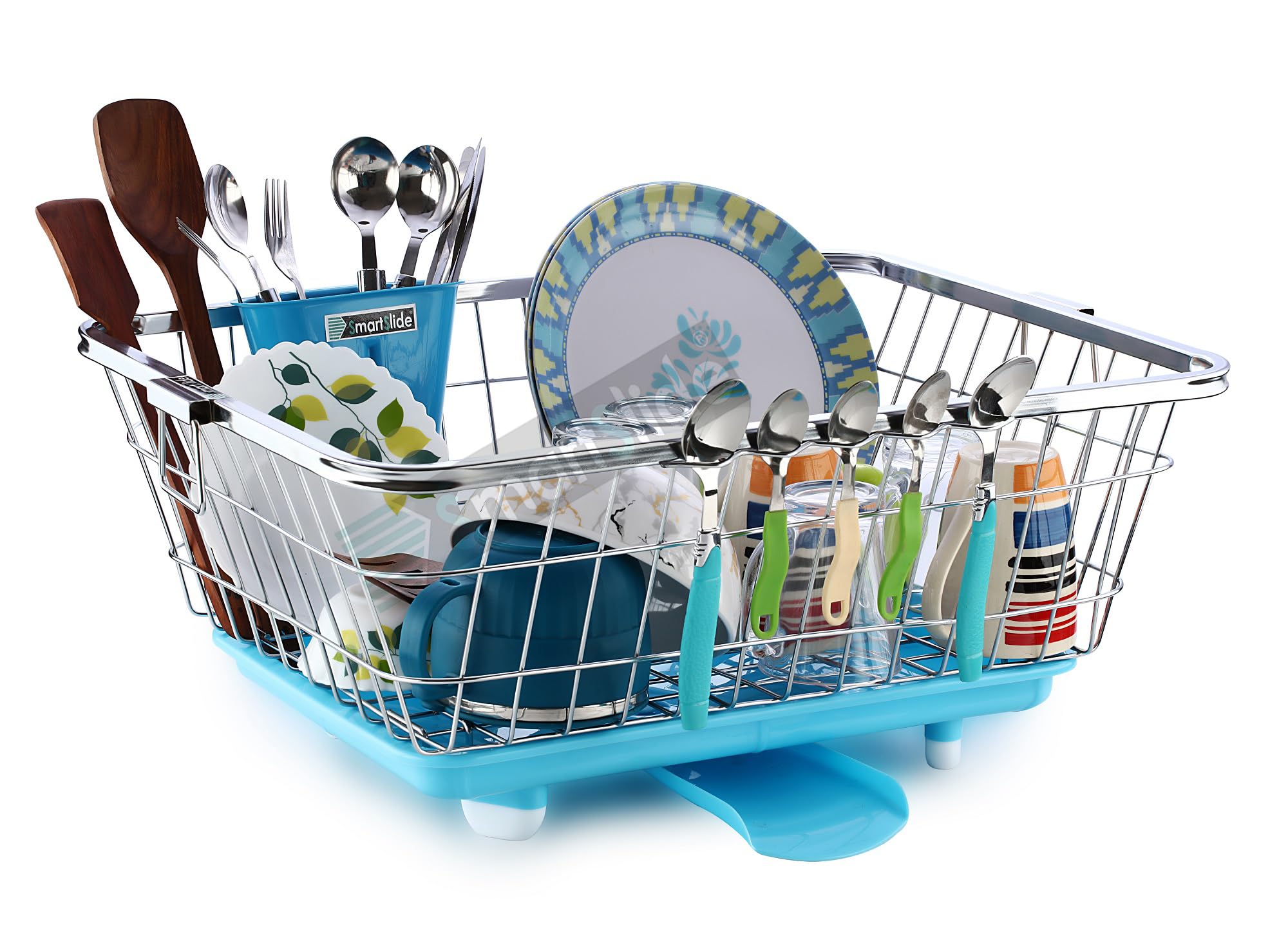 SmartSlide Stainless Steel Utensil Basket & Dish Drainer with Tray - Kitchen Sink Organizer, Spoon Holder & Drying Rack for Dishes, Cutlery & Cookware - Perfect for Countertop, RV, Small Spaces & Dishwashing Stations