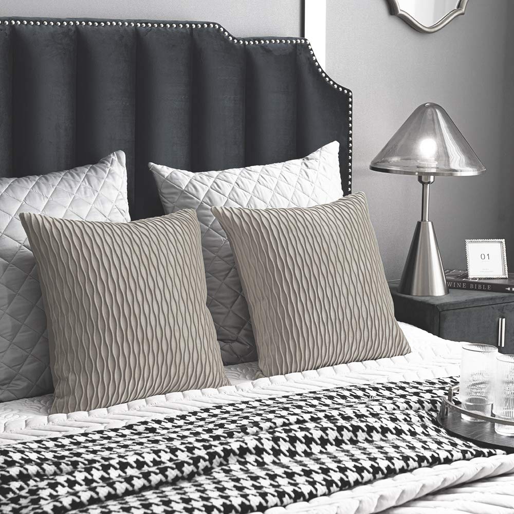 DEZENE 20x20 Inch Tan Velvet Throw Pillow Covers Set of 2 - Soft Striped Square Decorative Pillow Cases for Farmhouse, Living Room, Couch & Bedroom Decor