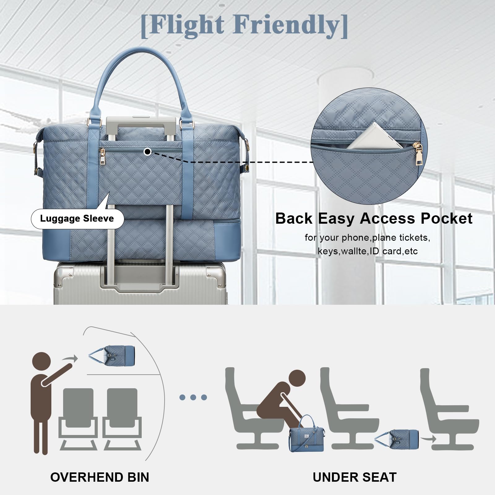 Women's Travel Duffel Bag with Shoe Compartment - Large Gym & Sports Bag for Weekend Getaways, Hospital Visits & Airplane Carry-On | Water-Resistant & Spacious B5-Grey Blue Luggage | Perfect for Workouts, Travel & Overnight Stays
