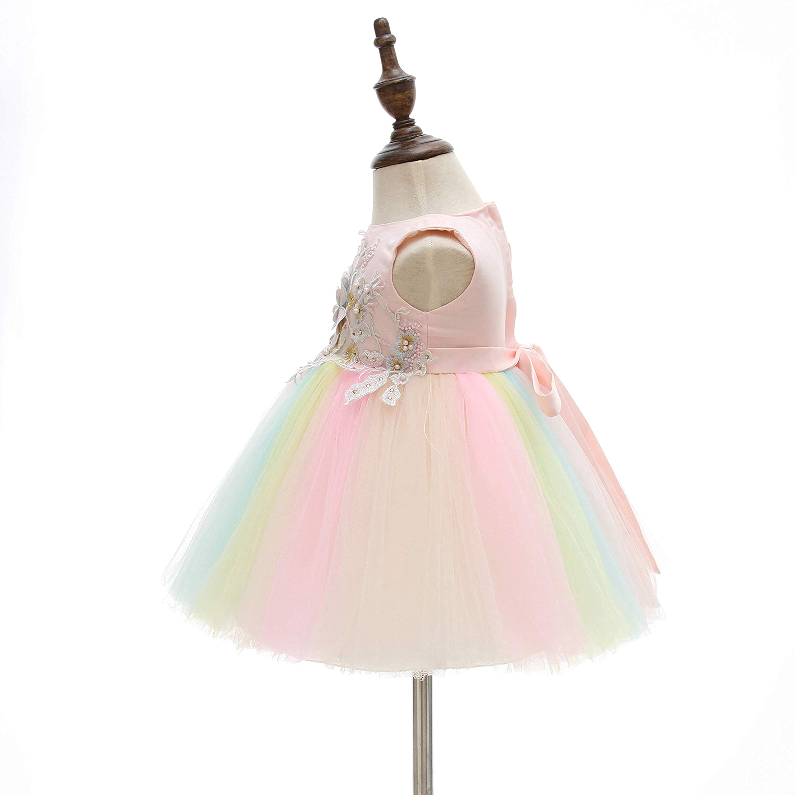 Weileenice Baby Girls Wedding Dress - Rainbow Tulle 3D Embroidery Beading Princess Tutu Dress for Flower Girls, Baptism, First Communion & Special Occasions