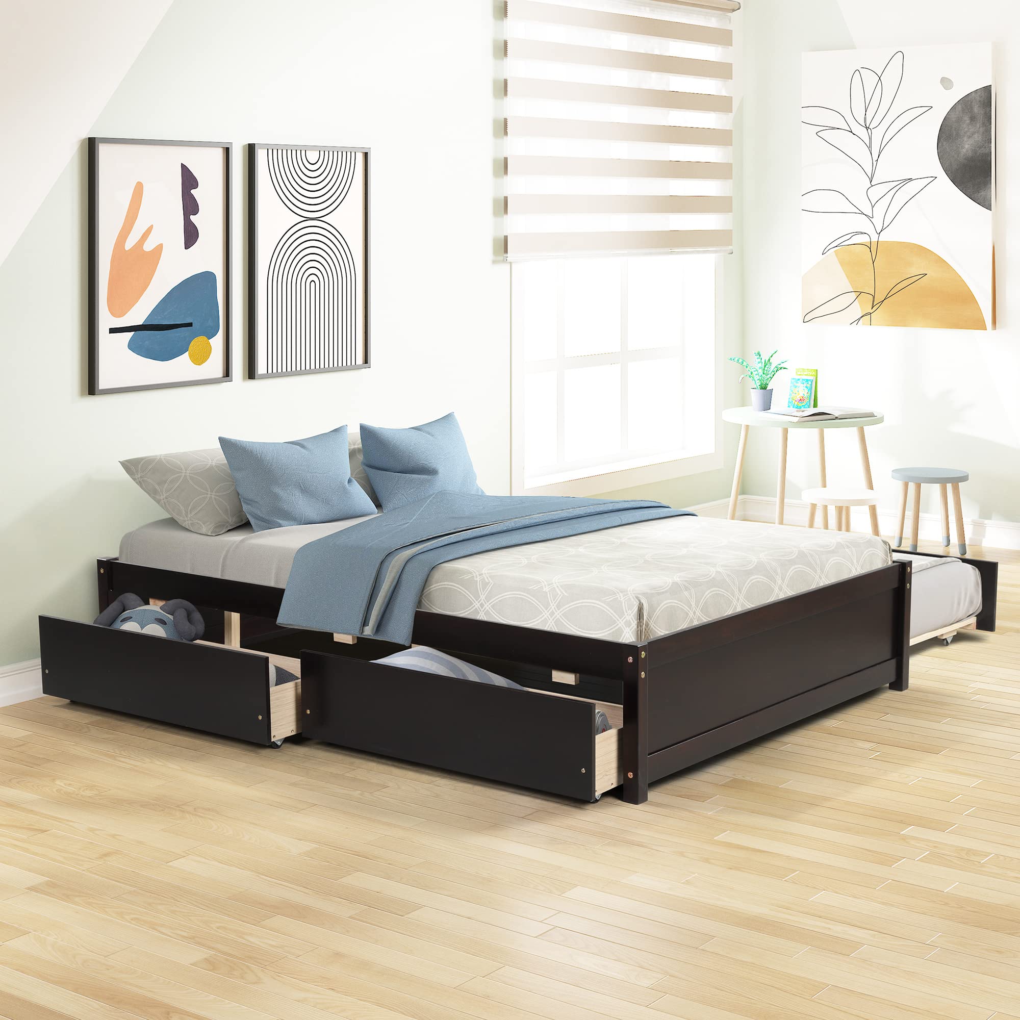 **Espresso Wood Platform Bed Frame with Trundle & Storage Drawers - Full Size Captain Bed for Kids, Teens & Adults - Perfect for Small Bedrooms, Guest Rooms & Dormitories**