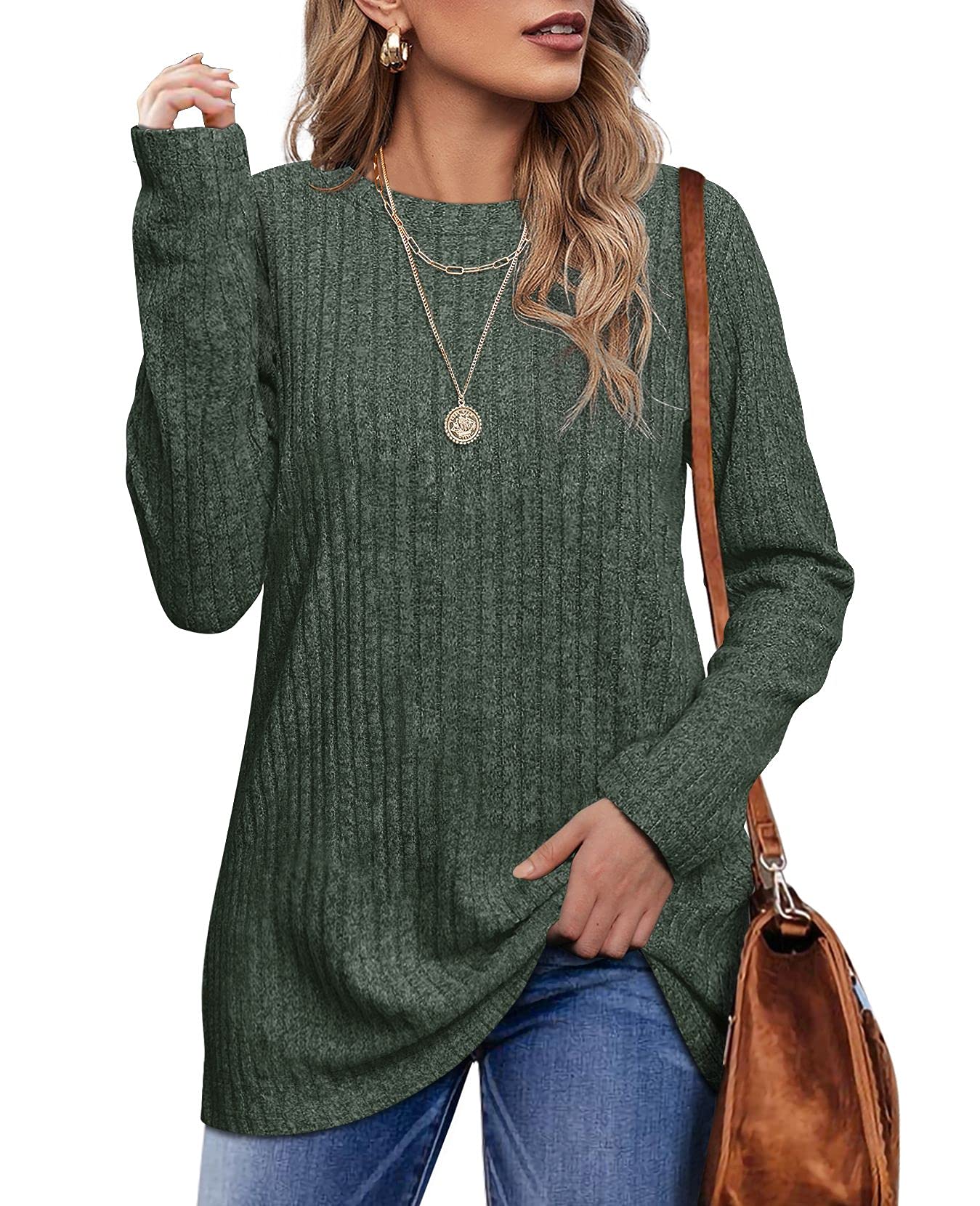 OFEEFAN Women's Lightweight Long Sleeve Crew Neck Casual Tunic Tops - Perfect for Work, Travel & Everyday Wear