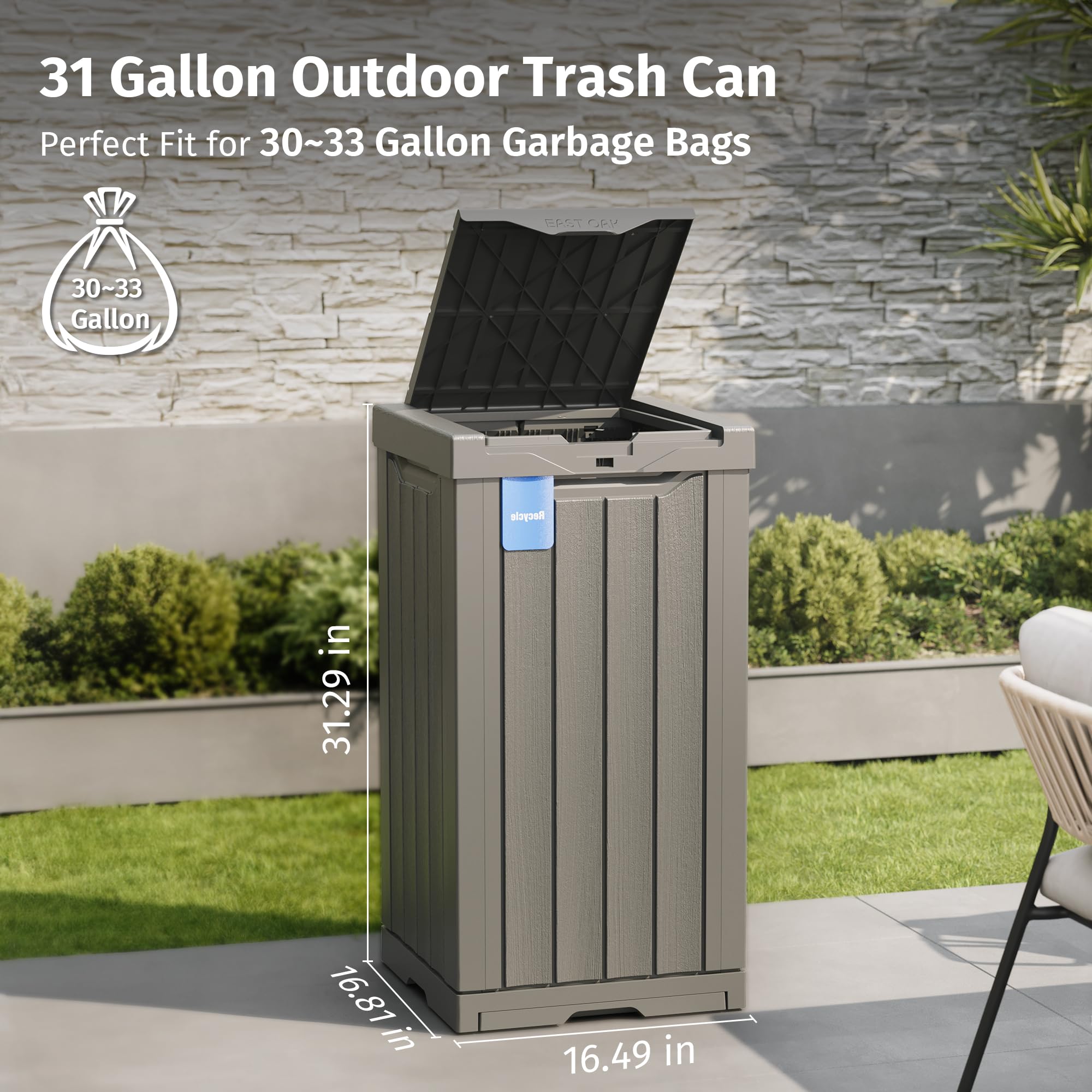 EAST OAK 31 Gallon Outdoor Trash Can - Waterproof Resin Garbage Bin with Recycle & Trash Labels, Secure Bag Lock & Drip Tray | Heavy Duty Patio, Backyard, Deck & Kitchen Waste Container | Ideal for Outdoor Parties, BBQ, Camping & Home Use | Gray