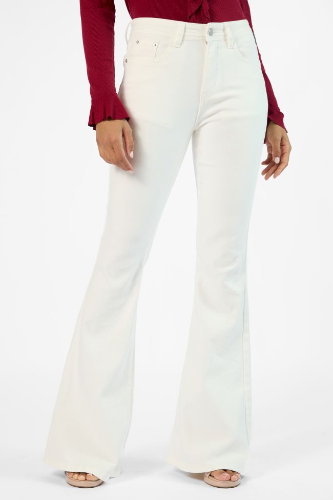 Maren White Stretch High Waist Flare Jeans for Women - Comfortable & Stylish Tall Bootcut Denim Pants (Perfect for Casual Wear, Date Night & Office Outfits)
