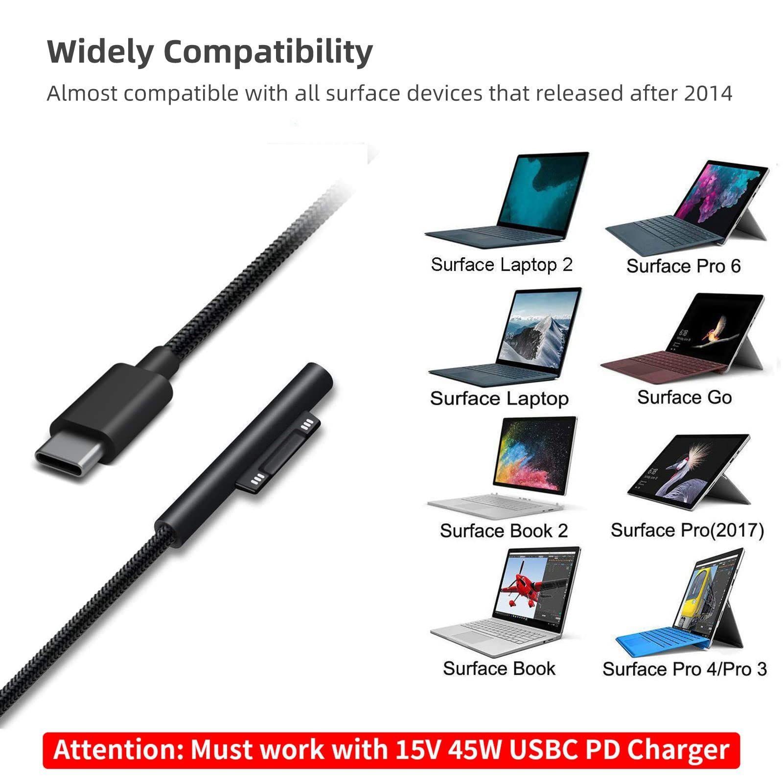 Premium Nylon Braided USB-C Charging Cable for Microsoft Surface Pro 7/6/5/4/3/2/1 - 6ft Fast Charging Cord Compatible with 45W 15V 3A Power Adapter (Black) - Perfect for Home, Office & Travel Use