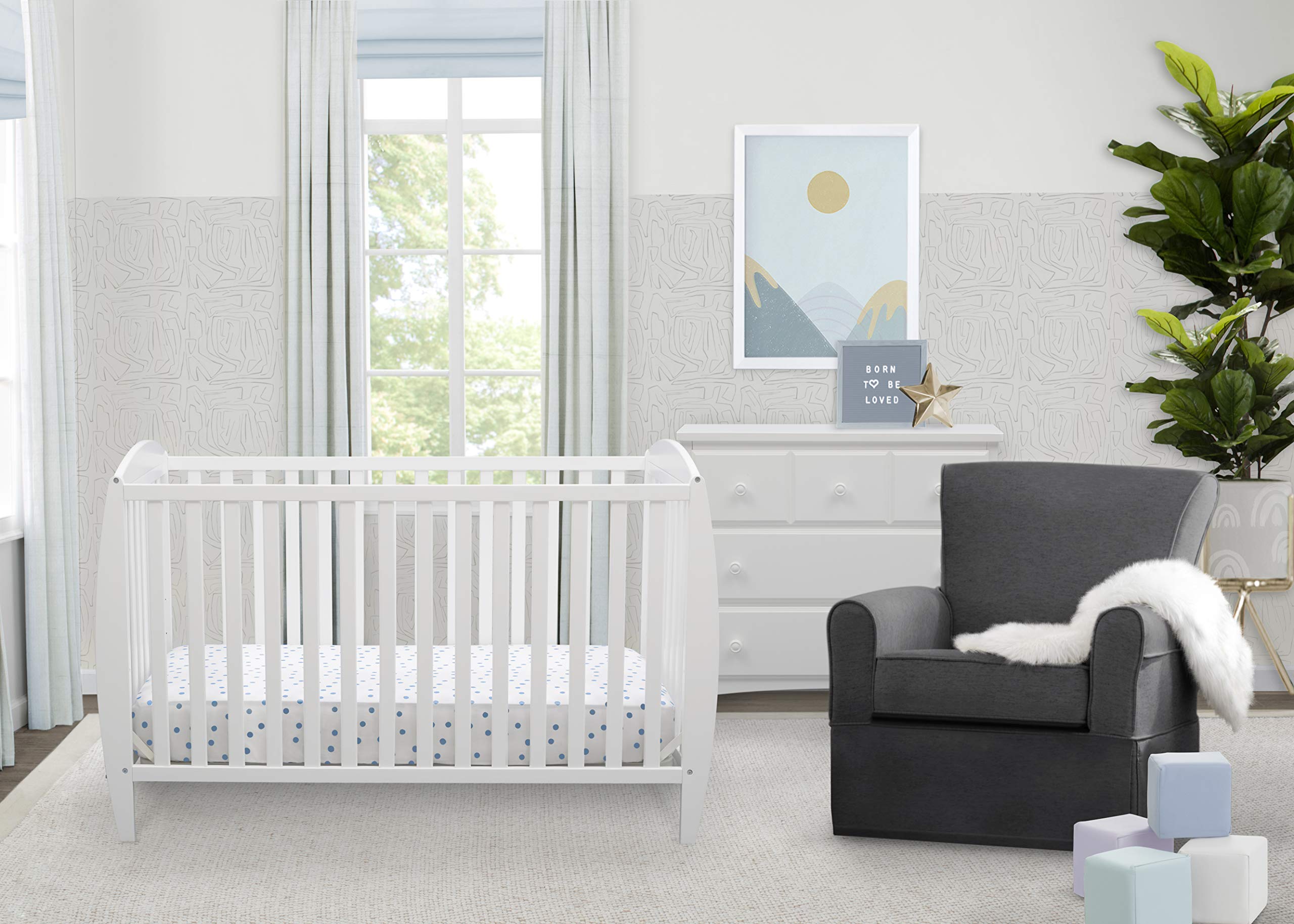 Delta Children Twinkle 4-in-1 Convertible Baby Crib with Sustainable New Zealand Pine Wood & Galaxy Dual-Sided Crib Mattress Bundle - White Nursery Furniture Set for Newborns to Toddlers | Eco-Friendly Baby Bedroom Essentials for Safe Sleep & Playtime