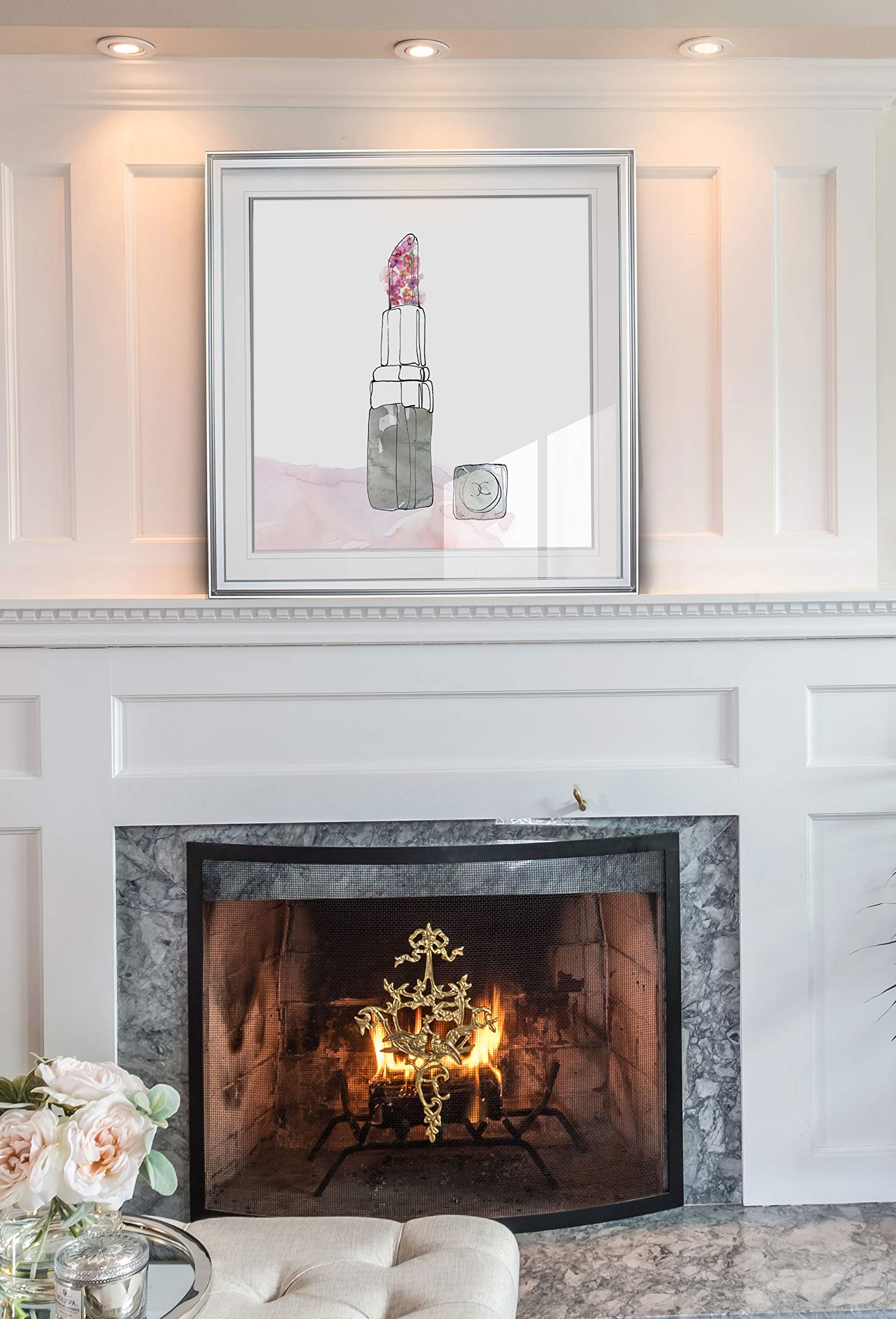 Chic Floral Lipstick Painting - Fashion Women Wall Art Framed Giclee Canvas Print - Makeup Room Decor - Ready to Hang - Perfect for Bedroom, Living Room & Salon Decoration