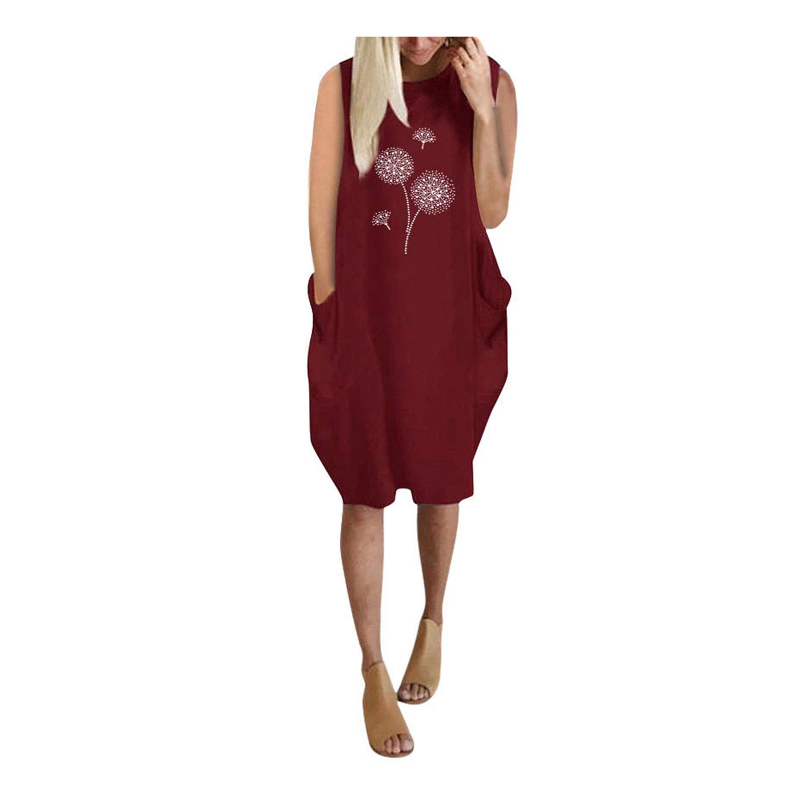 KASAAS Women's Sexy Casual Loose Printed Sleeveless Dress with Round Neck Tie & Pocket - Summer Fashion Dress for Beach, Party, and Daily Wear