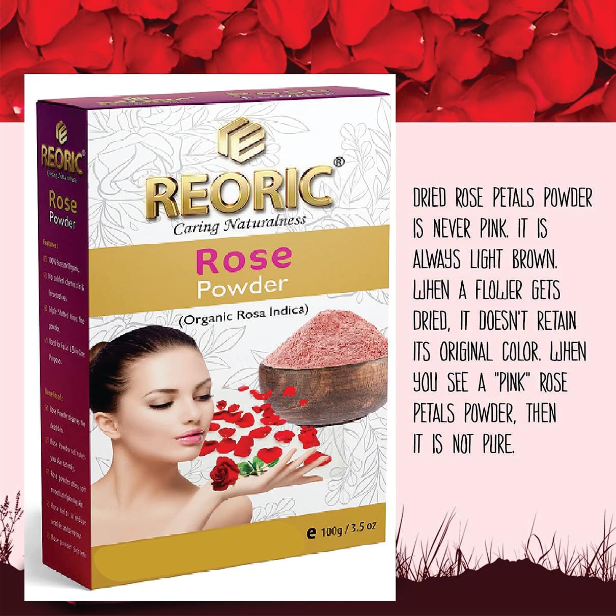 Reoric Rose Petal Powder | 100% Pure Rosa Centifolia | Natural Skin Whitening & Brightening Face Pack | Organic Gulab for Glowing Skin Care | Vegan, Chemical-Free (100g) | Perfect for DIY Face Masks & Spa Treatments