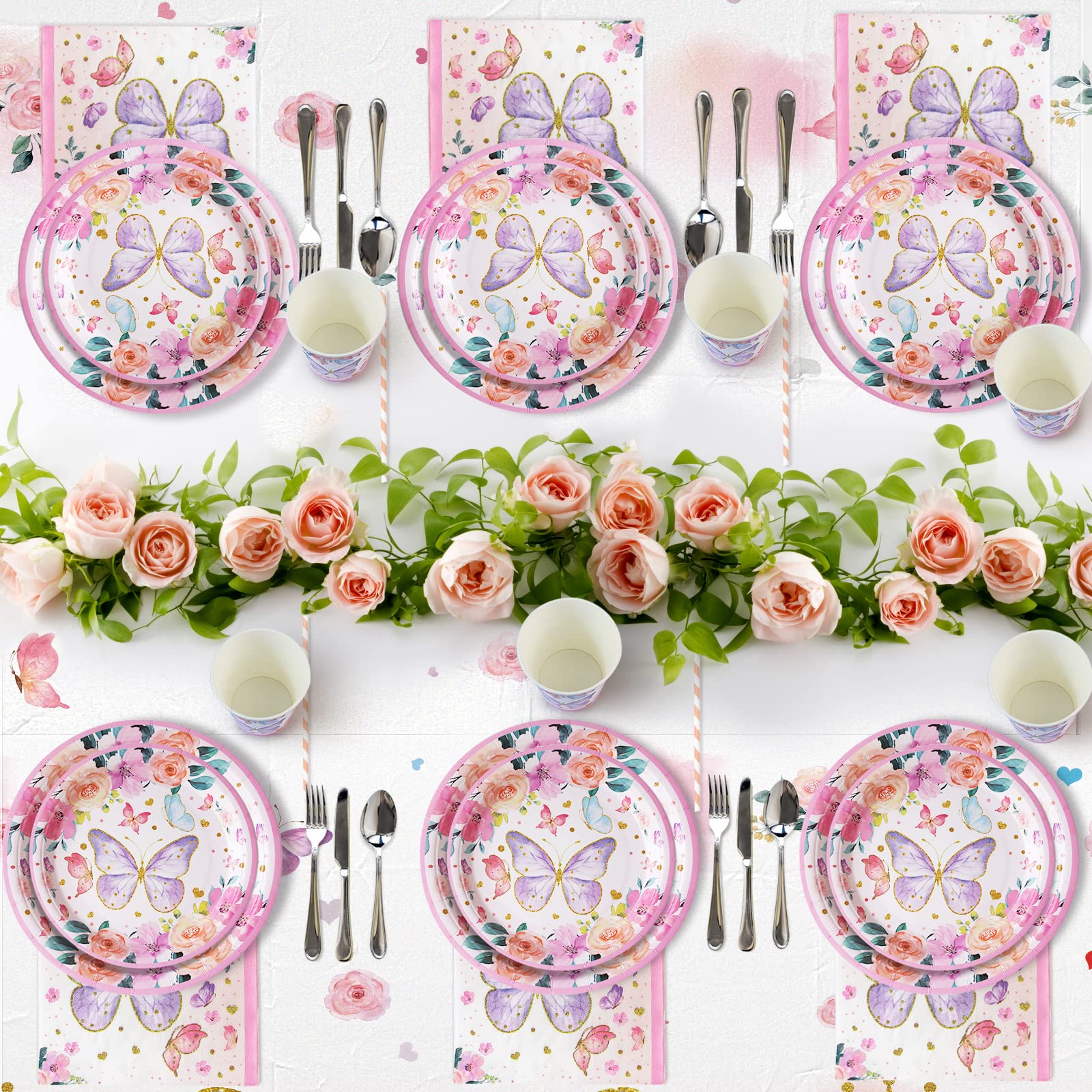 Butterfly Themed Birthday Party Supplies - 25-Piece Disposable Tableware Set with Plates, Napkins, Cups & Straws for Girls Baby Shower & Butterfly Theme Party Decorations | Perfect for Outdoor Garden Parties, Kids Birthday Celebrations & Spring Themed Events