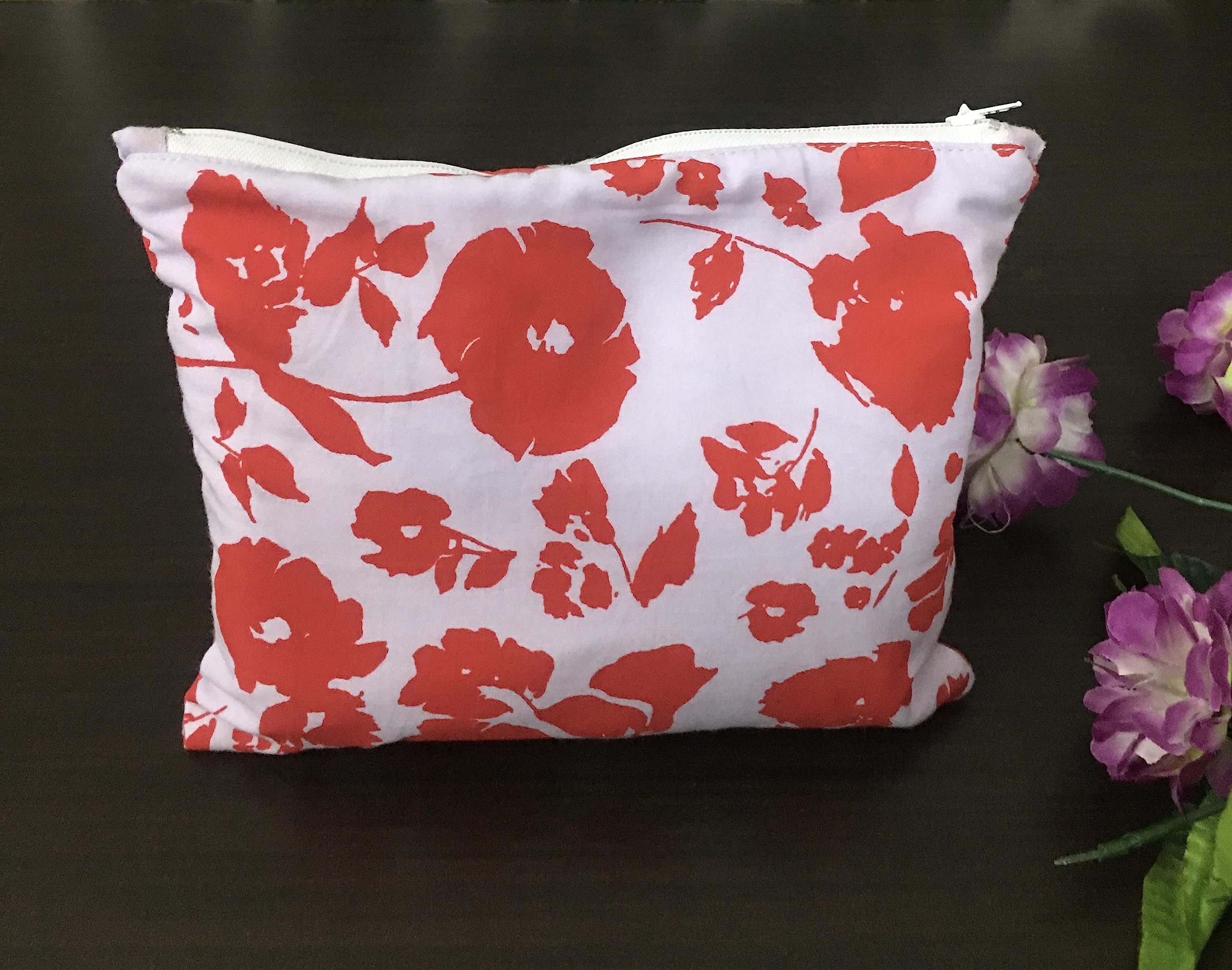 Master Piece Crafts Red and White Floral Cotton Pouch - Cosmetic Makeup Bag, Multi-Function Travel Organizer, Toiletry Bag with Zipper - Perfect for Beach Vacations, Gym Essentials & Daily Storage
