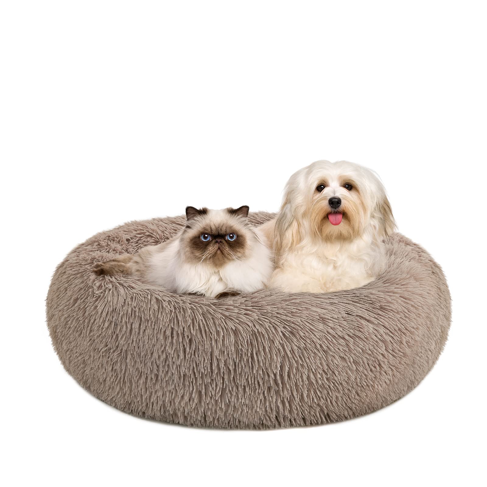 Kimicole Calming Donut Fluffy Dog Bed & Cat Bed - Anti-Anxiety Cuddler Plush Pet Bed for Small & Medium Dogs - Super Soft Round Washable Non-Slip Puppy Kitten Bed - Perfect for Anxiety Relief, Cuddling & Cozy Napping in Living Room or Bedroom