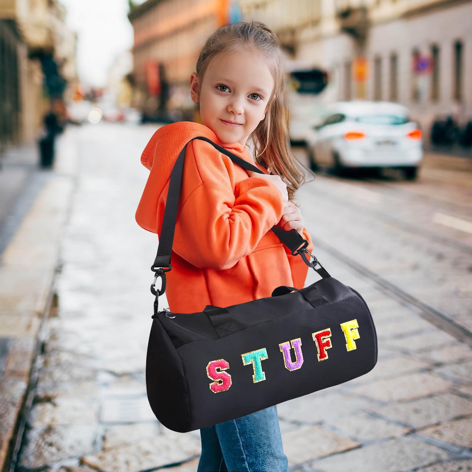 **Chenille Letter Stuff Tote Bag 16 Inch - Small Gym Duffle Bag for Travel, Dance, Sports, Workout & Camping | Carry-On Cheer Ballet Overnight Weekender Bag | Birthday Gifts for Girls, Kids, Teens & Women - Black | Perfect for Gym, School, Beach & Weekend Getaways**