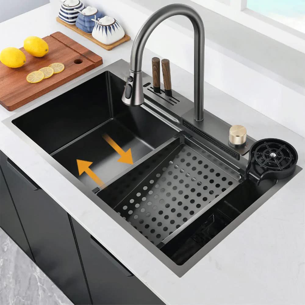 32x18x9 Inch 304 Stainless Steel Kitchen Sink with Pull Down Faucet - Black Matte Single Bowl Sink with Cutting Board, Knife Holder & 2 Fruit Baskets | Perfect for Modern Kitchens, Restaurant Prep & Small Space Cooking Areas