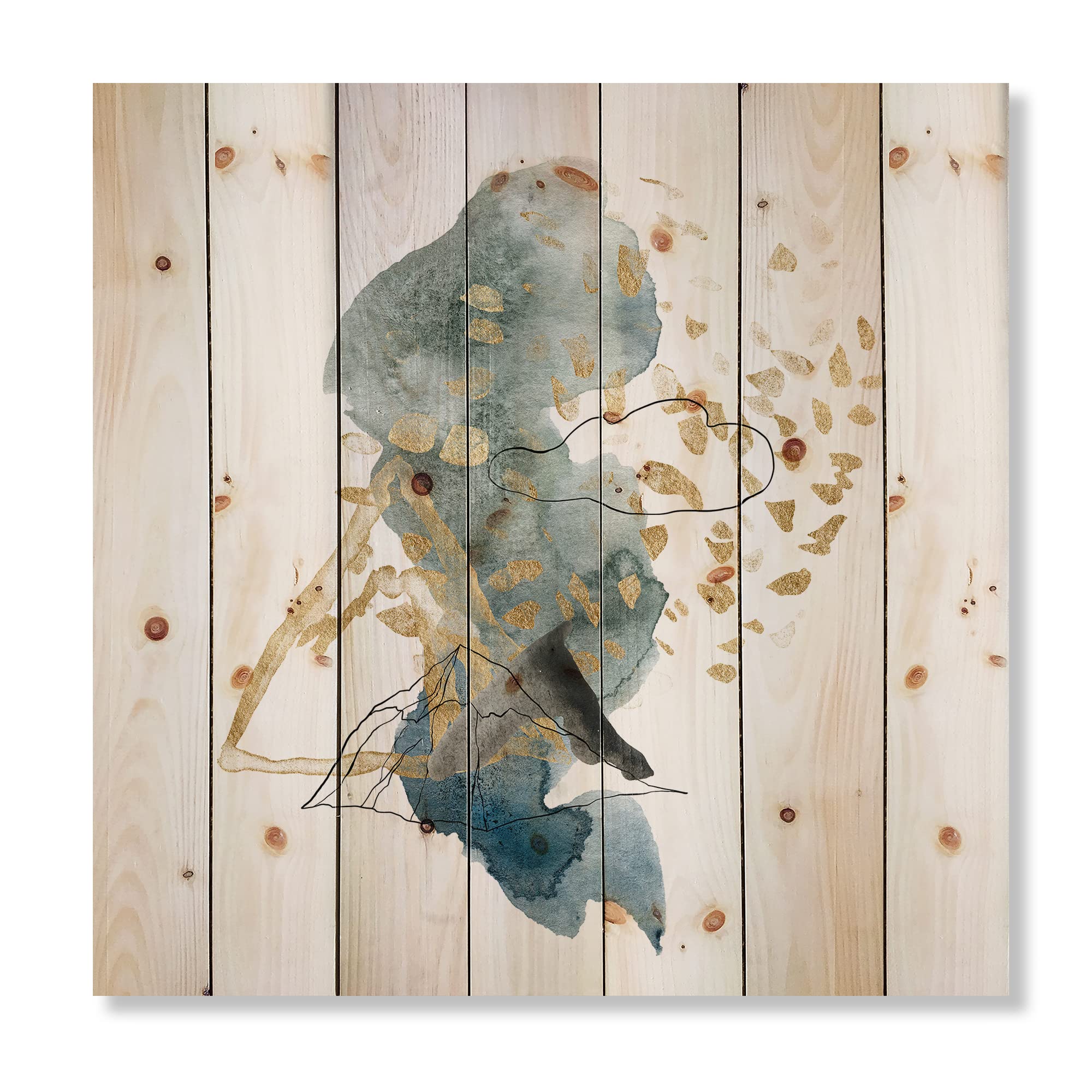 Modern Abstract Wood Wall Art - Dark Blue Mountains & Gold Strokes Landscape on Natural Pine Wood, Large Contemporary Wood Wall Decor for Living Room, Bedroom & Office