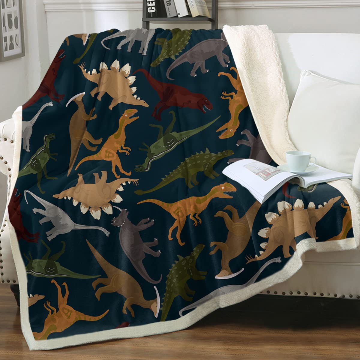 Sleepwish Jurassic Dinosaur Fleece Blanket for Kids & Teens - Soft Cozy Sherpa Throw with Green & Brown Dino Pattern - Twin Size 60x80 Inches - Perfect for Bedroom, Couch, Camping & Birthday Gifts (Navy Blue)