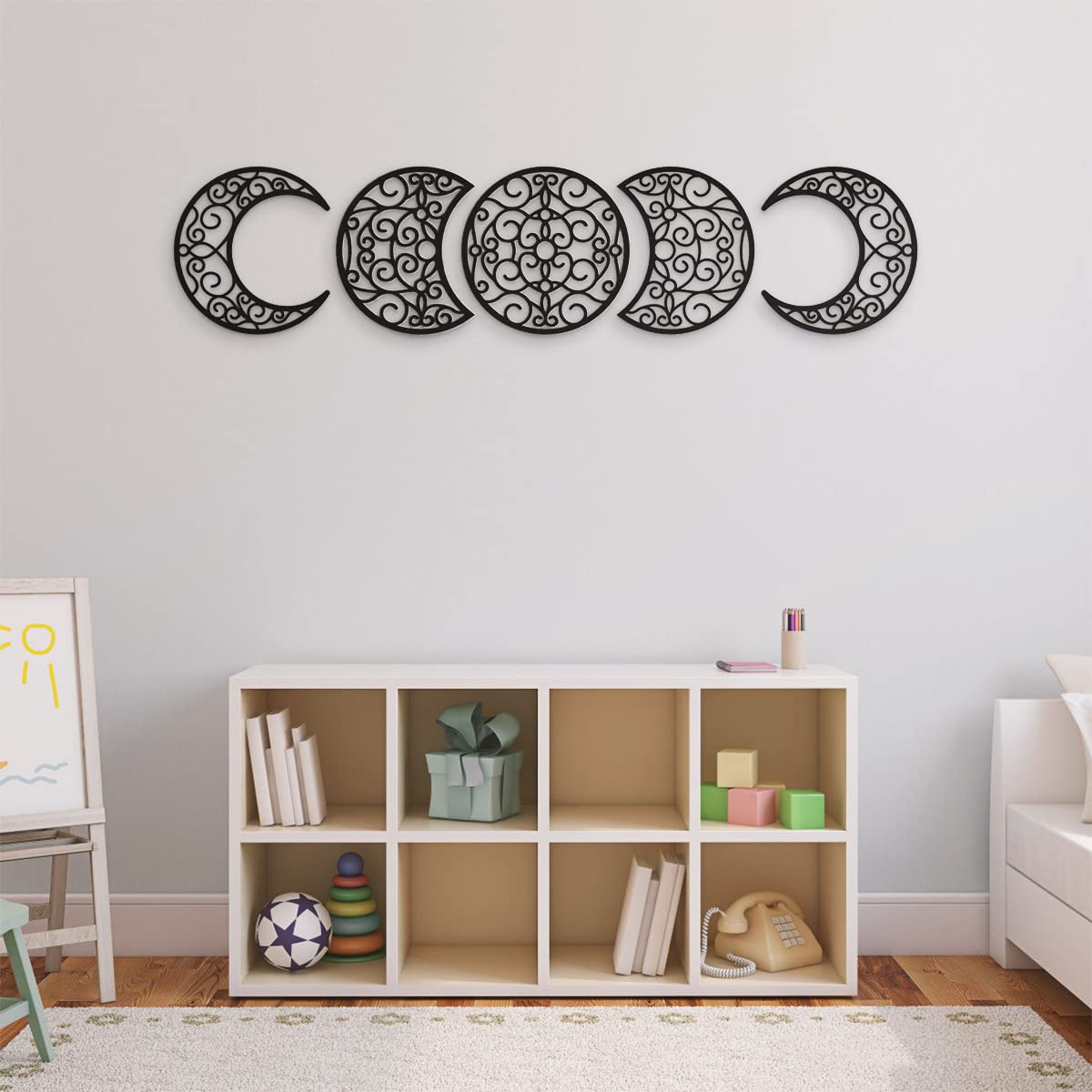 Bnesi 5Pcs Moon Phase Wall Decor - 12 Inch Spiritual Boho Bedroom Hanging Decorations for Home, Black | Perfect for Meditation Rooms, Yoga Spaces & Bohemian Home Decor