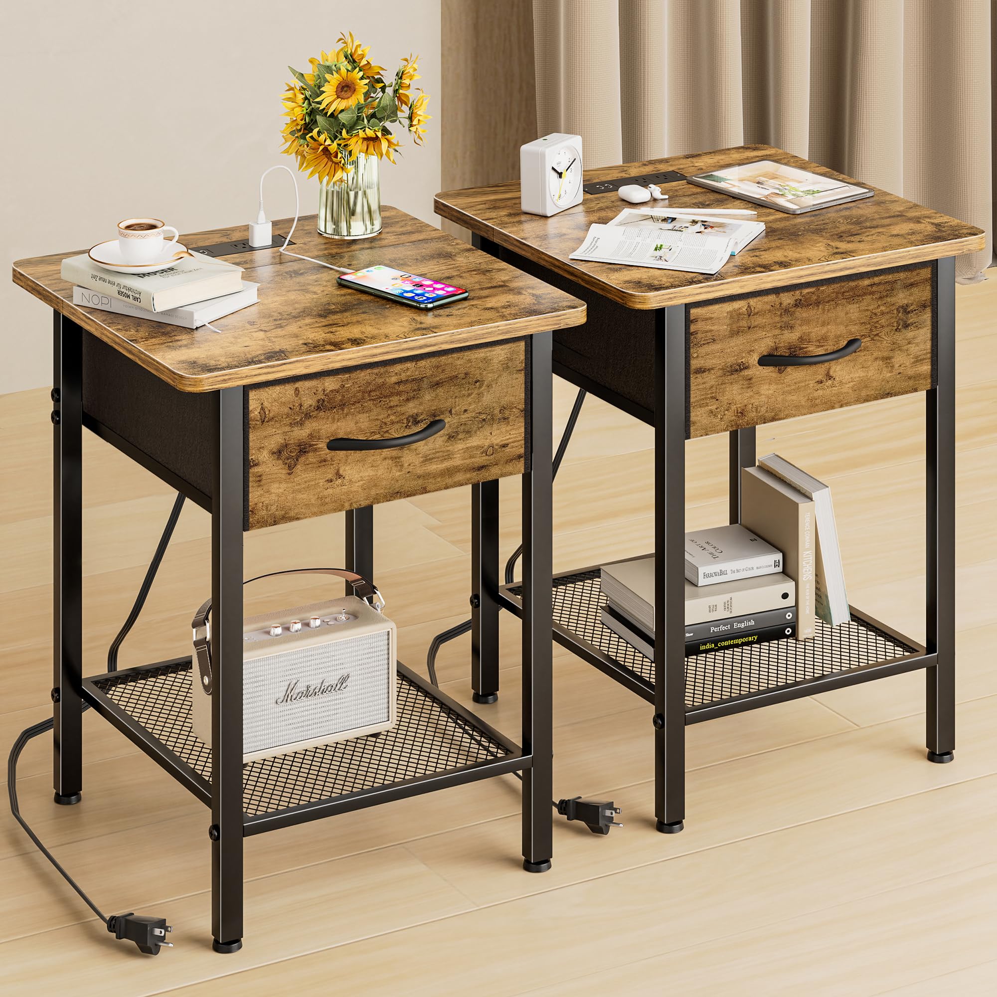 2-Piece Nightstand Set with USB Charging Station & Fabric Drawer - 23.6
