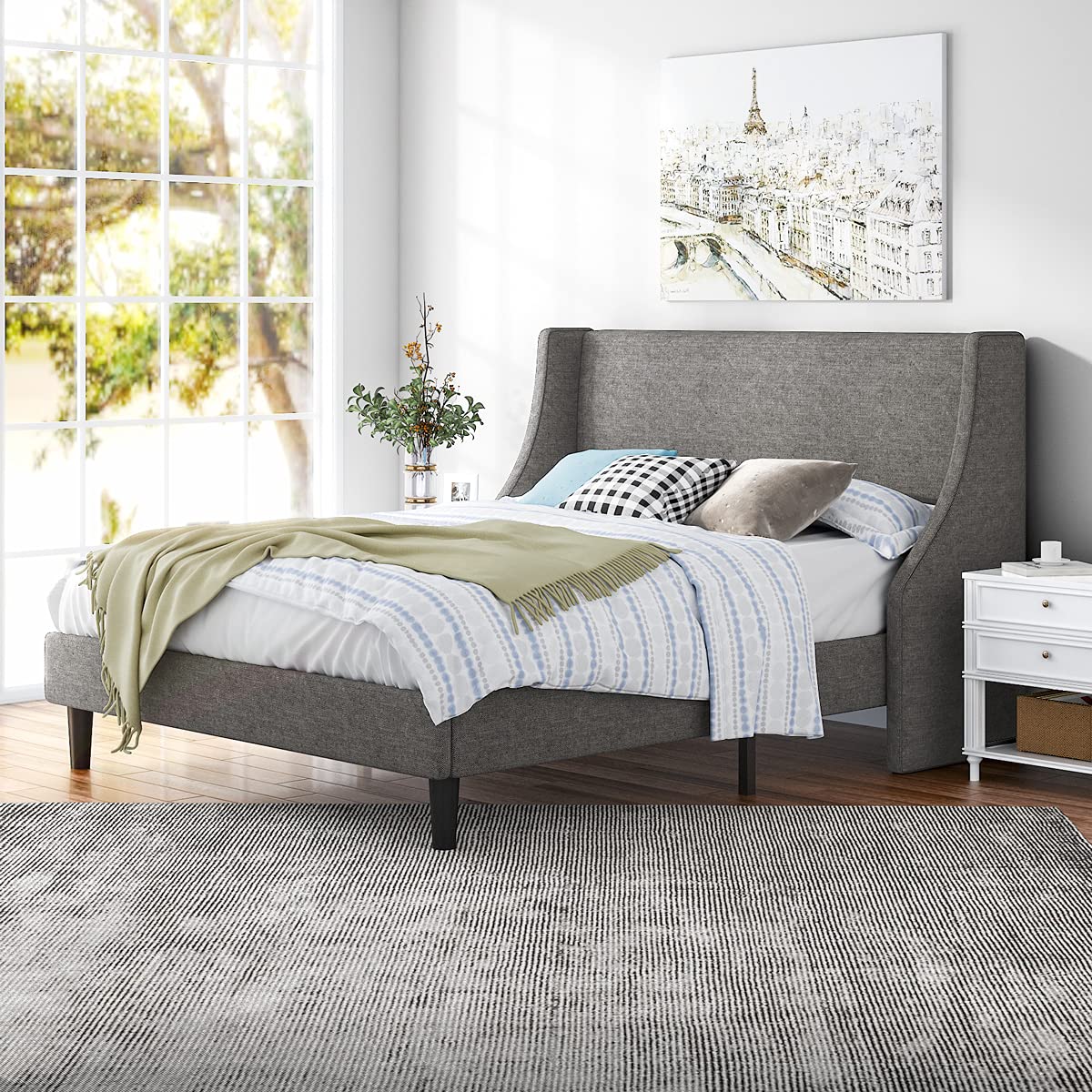 HOOMIC Queen Size Bed Frame - Modern Fabric Upholstered Wingback Platform Bed with Headboard | Sturdy Wood Slat Support | No Box Spring Needed | Easy Assembly | Light Grey | Perfect for Master Bedrooms, Guest Rooms & Small Apartments
