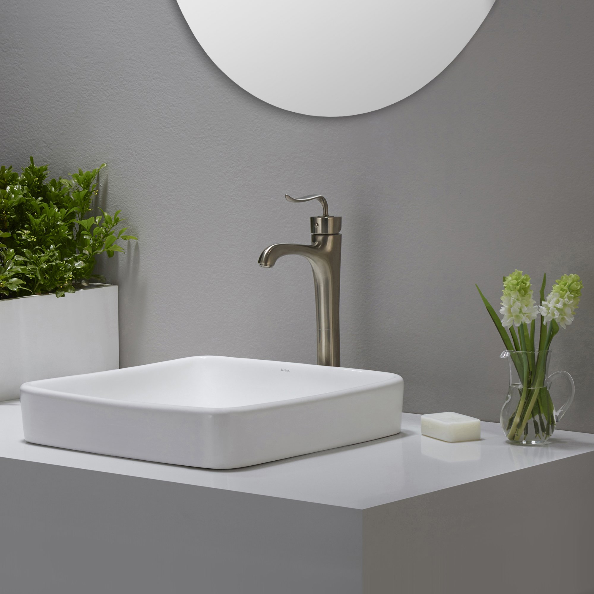 Kraus KCR-281-BN Modern Ceramic Square Semi-Recessed Bathroom Sink with Overflow & Pop-Up Drain - Brushed Nickel/White 16.25