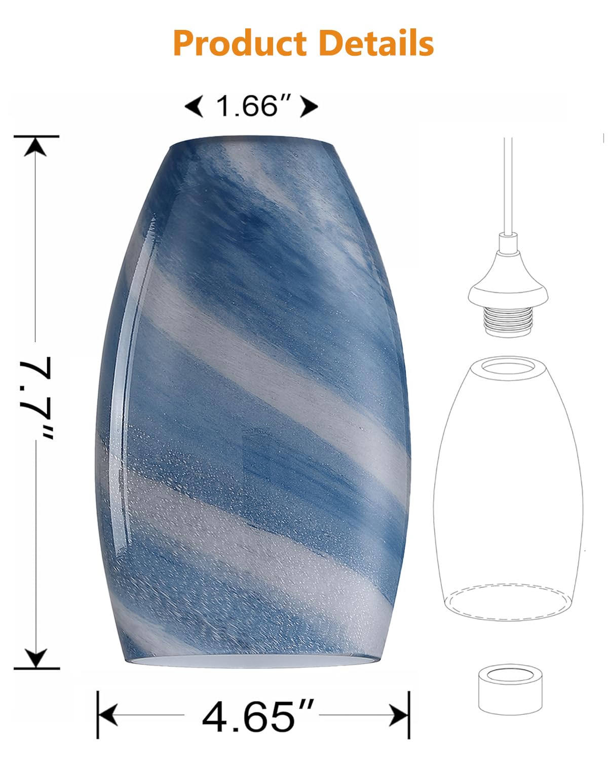 3 Pack 4.65 Inch Handblown Art Glass Lamp Shades - Grey Blue Oval Replacement Shades for Kitchen Island Pendant, Ceiling Chandelier & Light Fixtures | Perfect for Dining Room, Bedroom & Home Decor Lighting