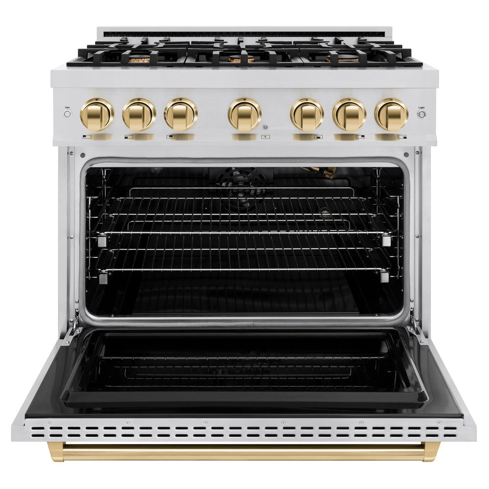 ZLINE Autograph Edition 36 Inch 5.2 Cu. Ft. Classic Gas Range with 6 Burner Cooktop & Convection Gas Oven - Stainless Steel with Polished Gold Accents (CGRZ 36 G) - Perfect for Professional Home Chefs & Modern Kitchens