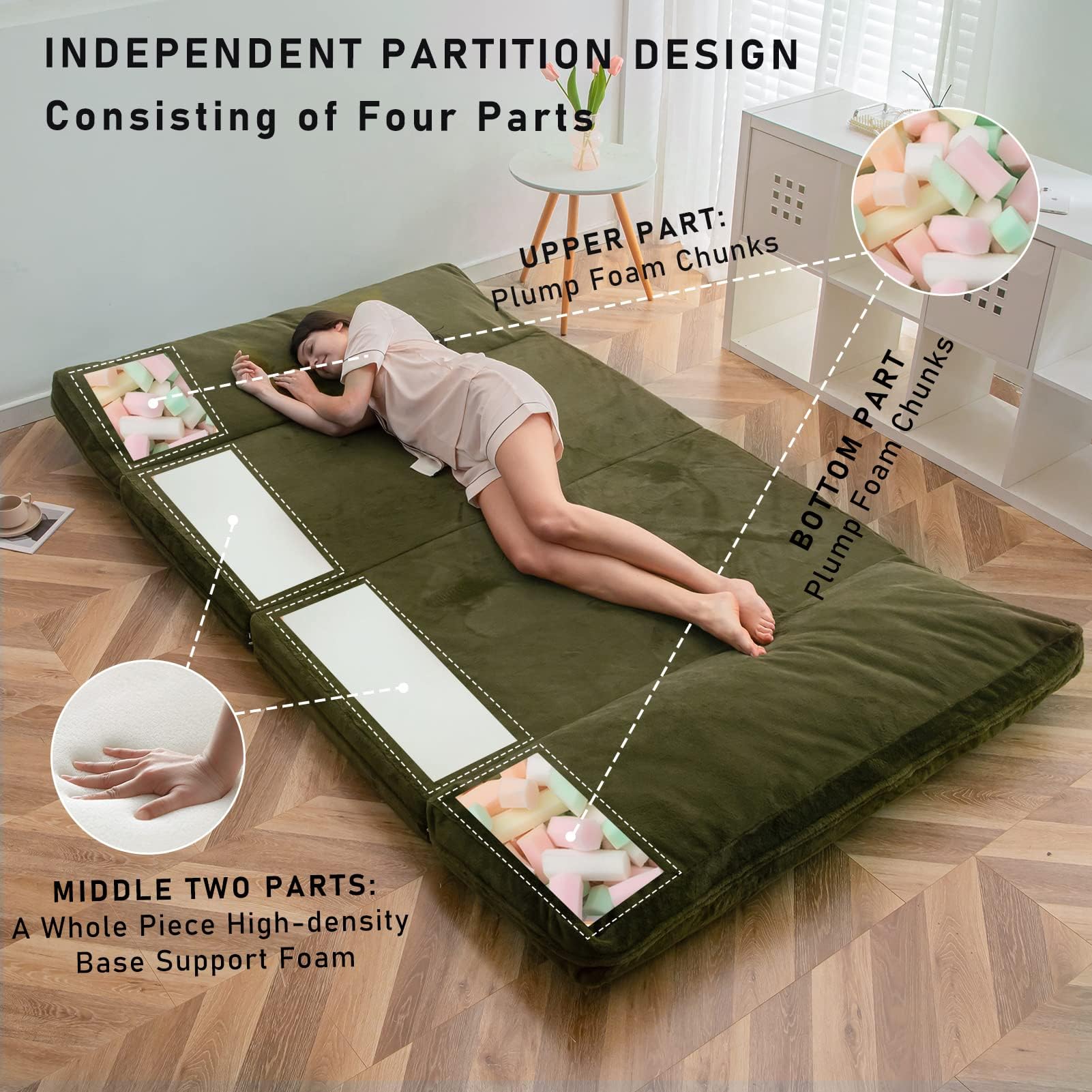 MAXYOYO Extra Thick Faux Fur Bean Bag Bed - Foldable Sofa Bed & Floor Mattress for Adults (54x95 Inch, Olive Green) | Washable Cover, Full Size Trifold Design | Perfect for Living Rooms, Dorms, Guest Beds & Lounge Areas