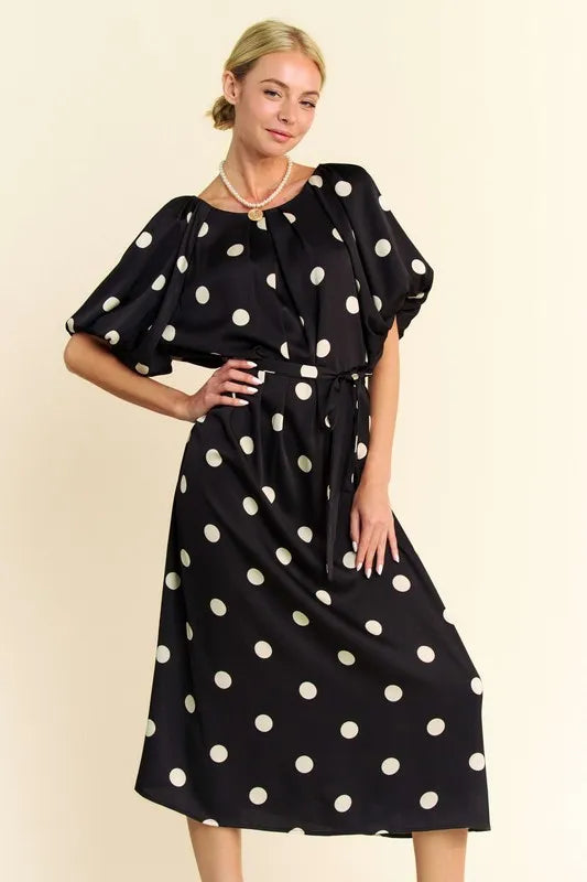 Stylish Polka Dot Puff Sleeve Midi Dress with Waist Tie - Perfect for Summer Parties, Weddings & Casual Outings