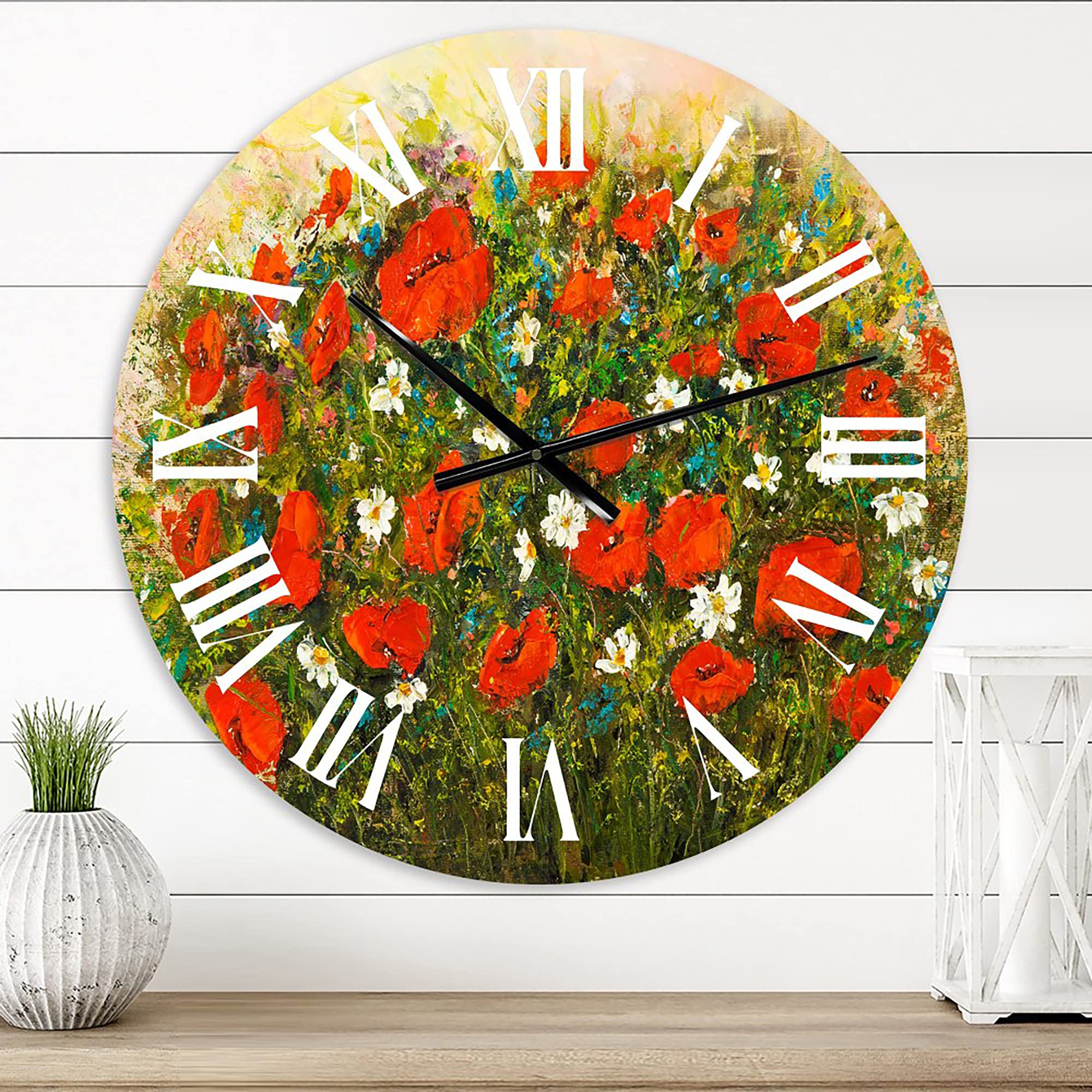 Large Floral Wall Clock - 'Red Wildflowers in The Fields' Traditional Decorative Clock for Living Room, Bedroom & Office | Perfect for Home Decor & Gift Giving