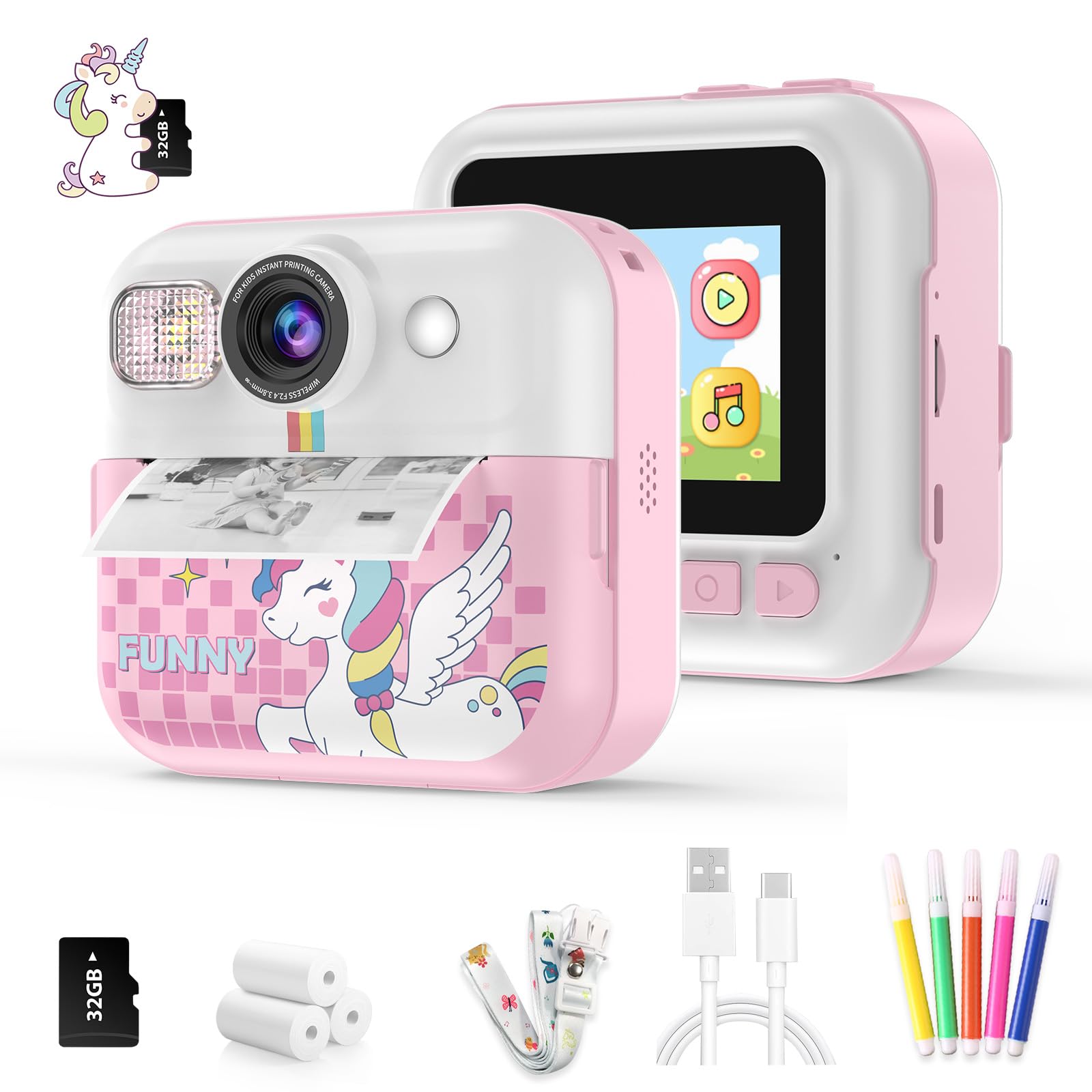 Kids Instant Print Camera - 1080p HD Video & Photo Printer, 32GB Card Included | Best Birthday Gift for Girls Ages 3-9 | Portable Digital Camera Toy for Toddlers | Perfect for Parties, Travel & Creative Play