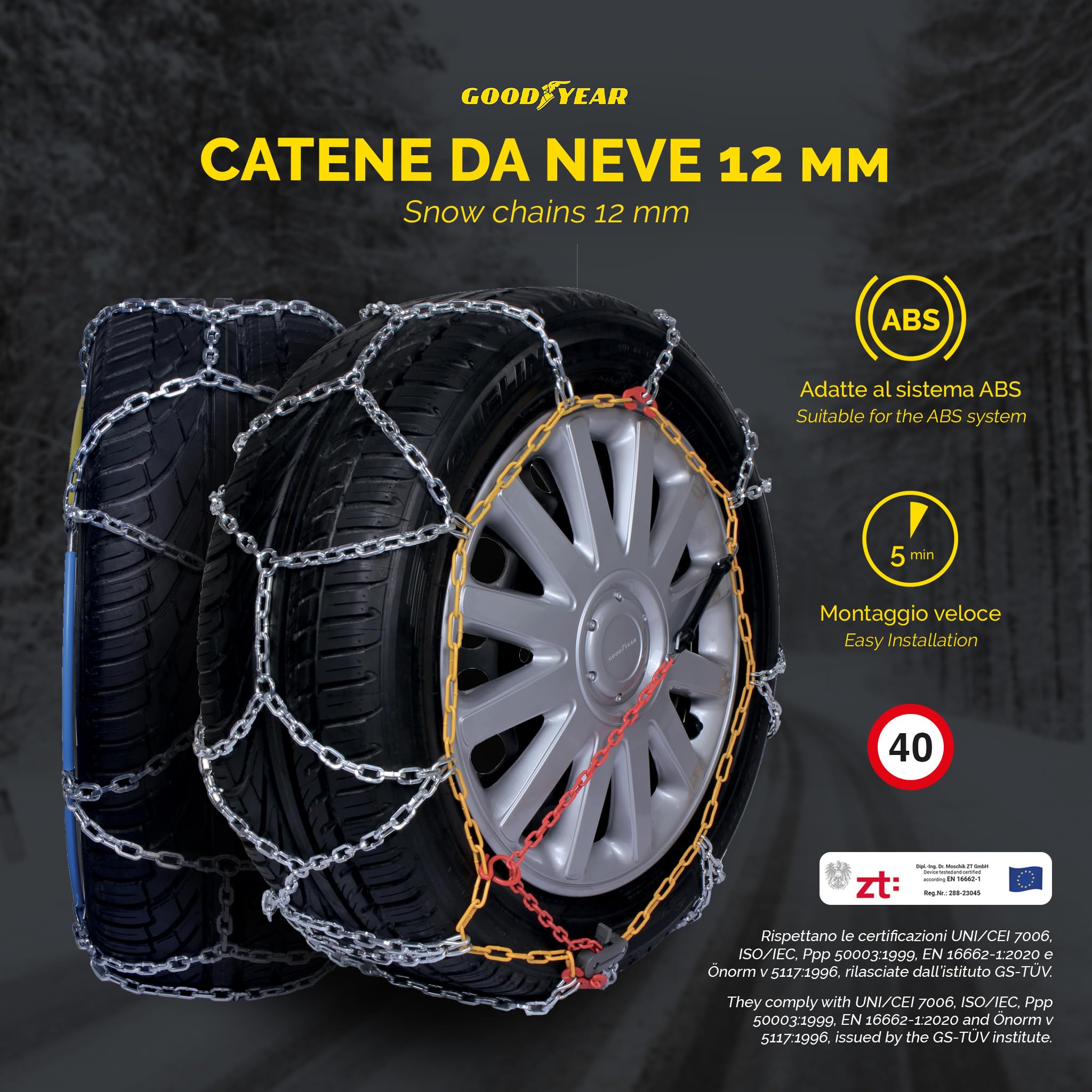 Goodyear 77937 12mm Snow Chains for Passenger Cars, SUVs, Vans, Motorhomes & 4x4 - TUV & ONORM Approved (Size 250) - Winter Traction for Snowy Roads & Mountain Driving