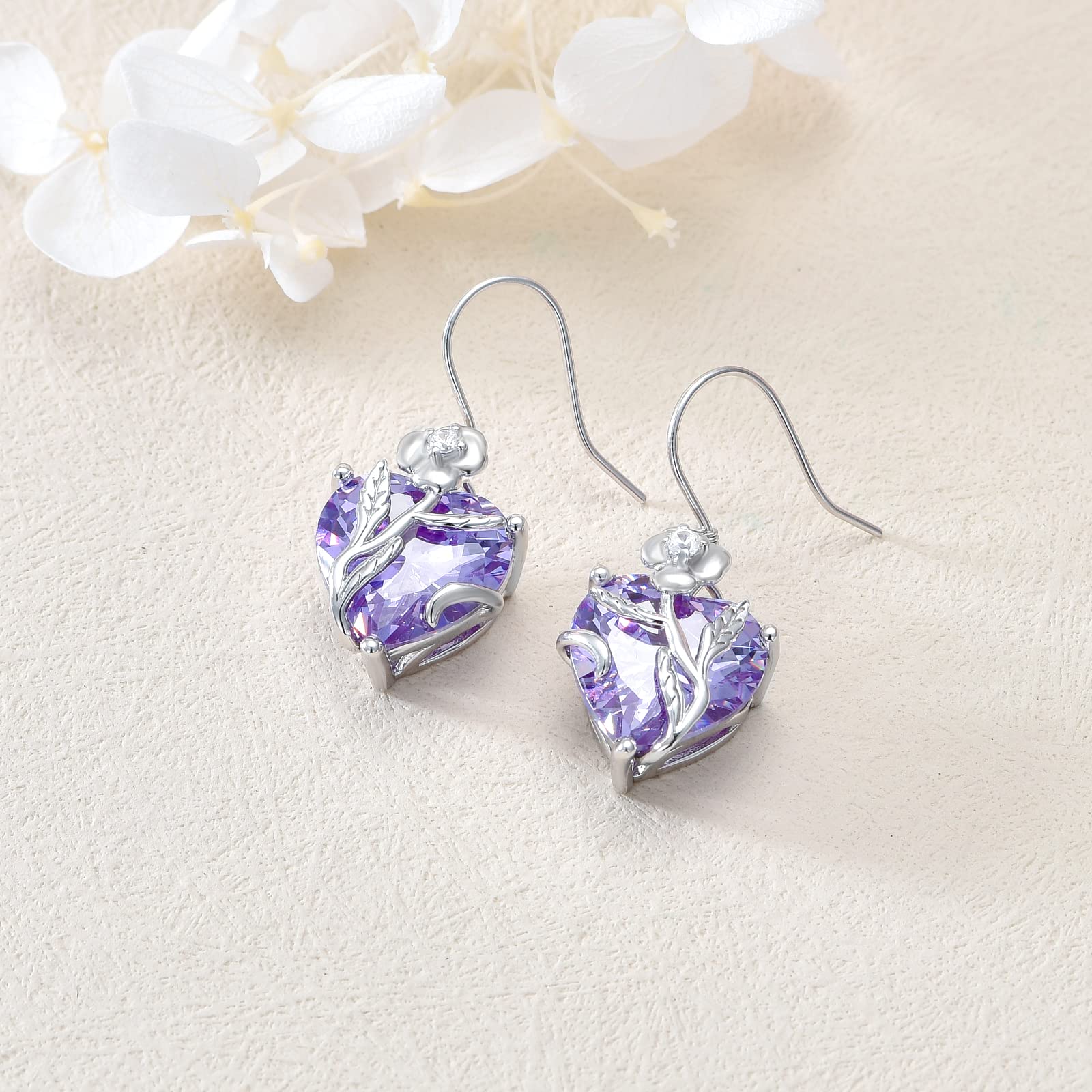 TOUPOP Sterling Silver Birth Month Flower Drop Earrings for Women - Crystal Dangle Earrings with Heart Design, Perfect Birthday Jewelry Gift for Girls & Women | Ideal for Parties, Weddings & Everyday Wear