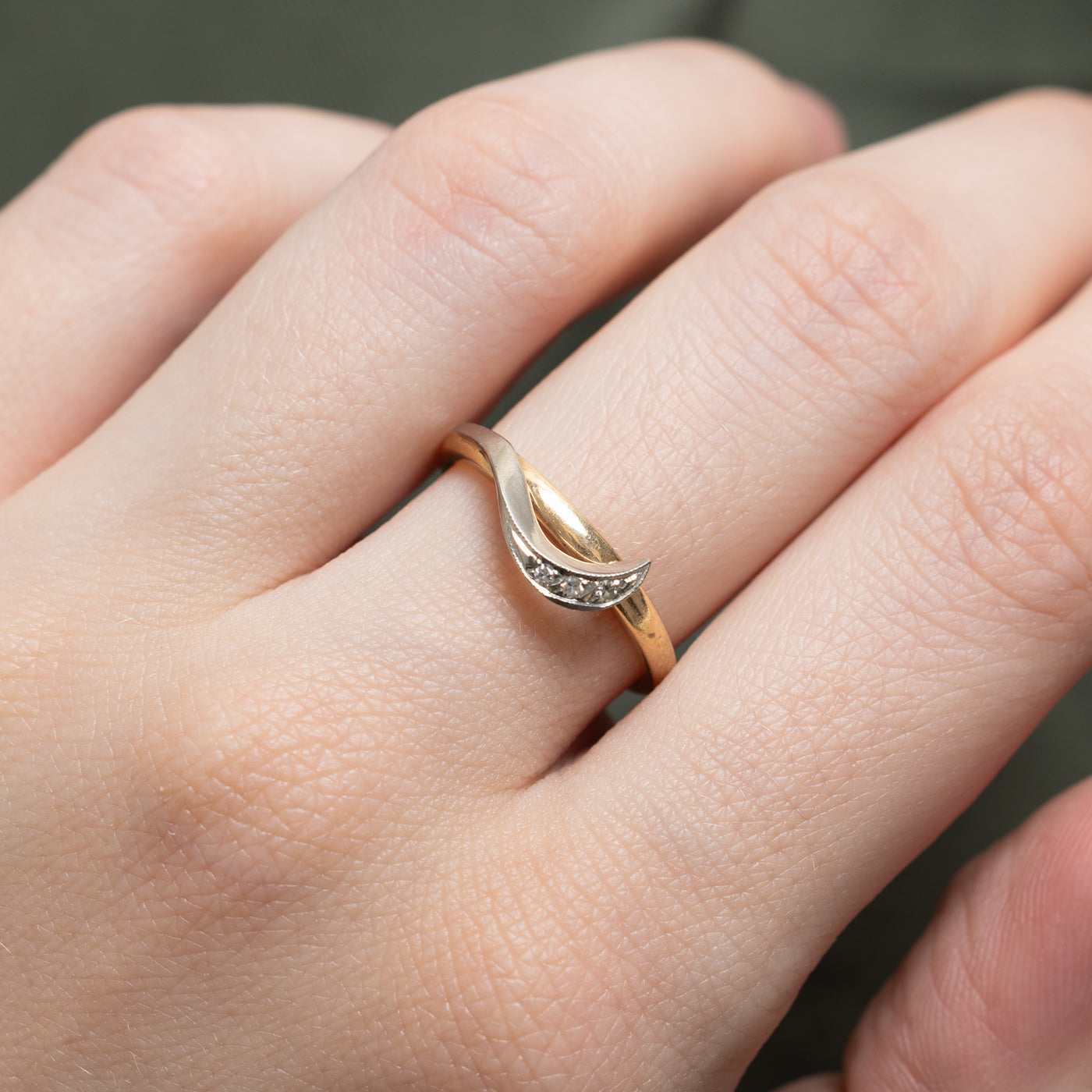 Two Tone Gold Diamond Crescent Ring - 0.02ctw Diamond Engagement Ring - Size 6.5 - Perfect for Wedding, Anniversary & Romantic Gifts