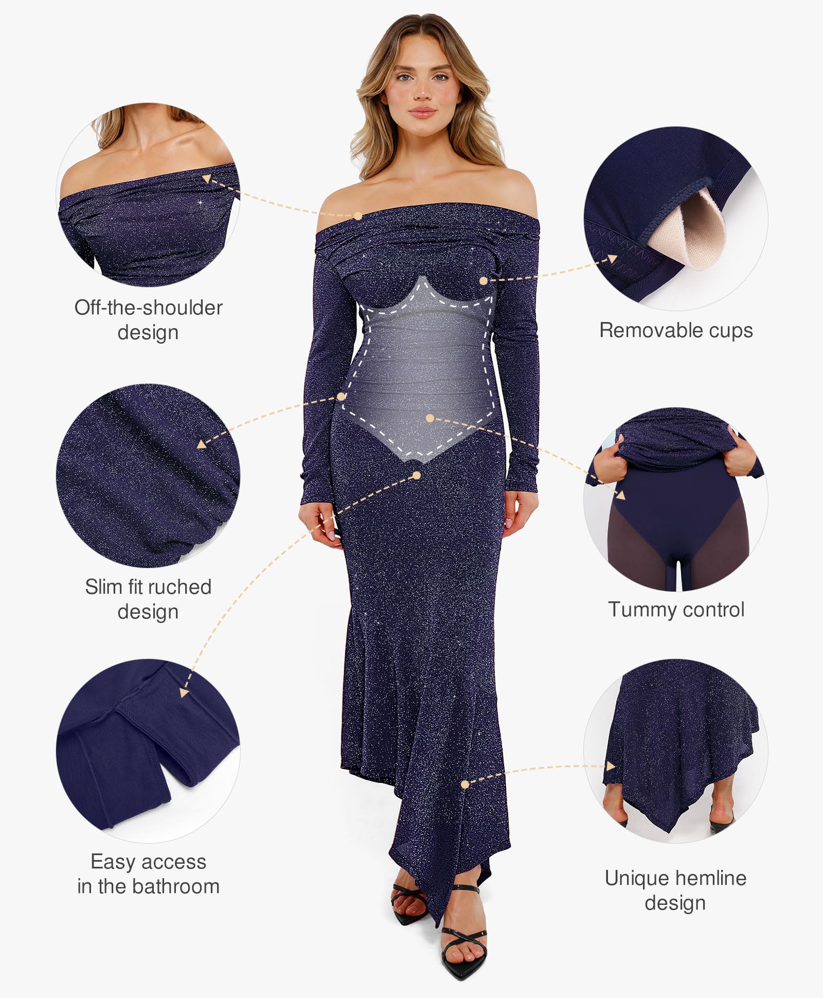 Sparkly Bodycon Mermaid Dress for Women - Long Sleeve Off Shoulder Cocktail Dress with Shapewear | Perfect for Evening Parties, Date Nights & Special Occasions