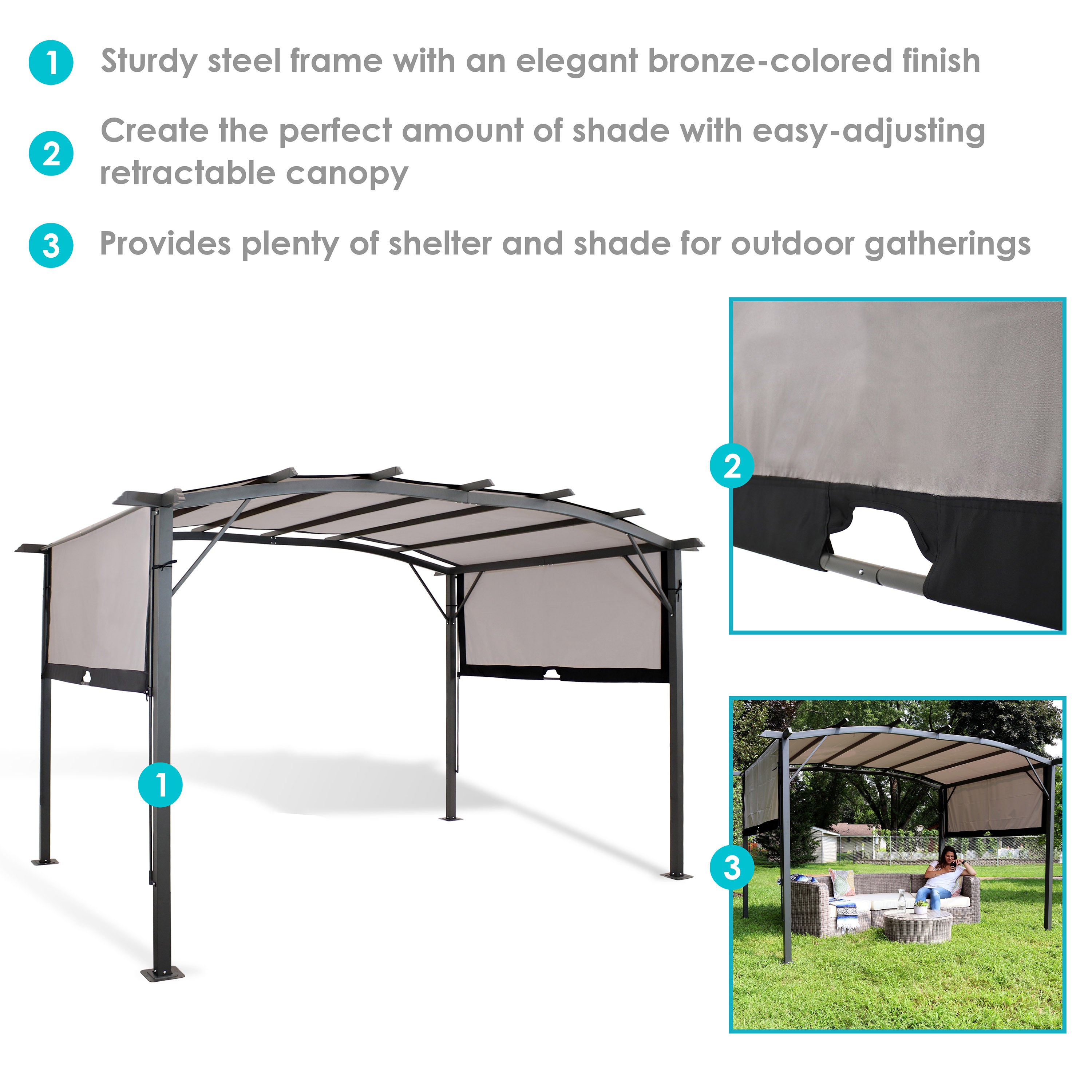 Sunnydaze 9' x 12' Metal Arched Pergola with Retractable Canopy - Outdoor Patio Garden Shade Cover for Backyard, Deck, and Poolside Relaxation