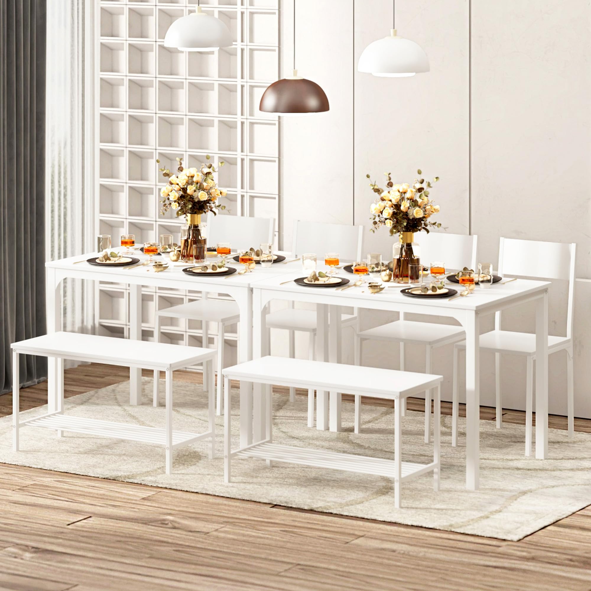 SogesFurniture 4-Piece White Dining Table Set with Table, 2 Chairs & Bench - 44 Inch Kitchen Dinette Set for Small Spaces | Perfect for Breakfast Nook, Apartment Kitchen or Cozy Dining Area