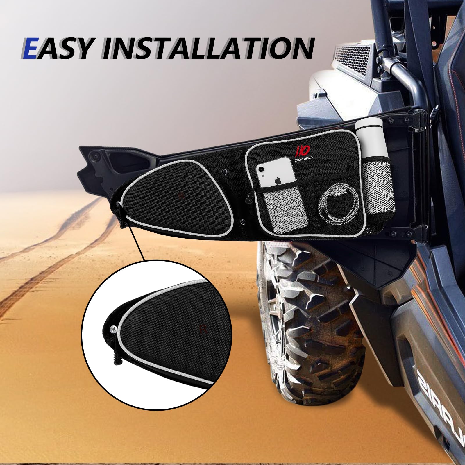 Polaris RZR XP Turbo Side Door Storage Bag - Pair of Front Door Organizers with Knee Pad & Cup Holder | Extra Storage Accessories for 2014-2021 RZR Models | Perfect for Off-Road Adventures & Utility Vehicle Organization