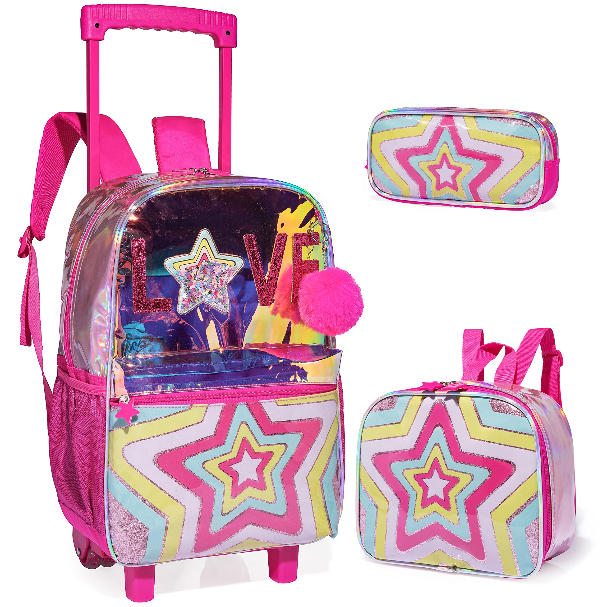 Egchescebo Kids Rolling Travel Duffle Backpack - Pink Wheeled Carry-On Luggage with Pencil Case & Lunch Box for Girls | Perfect for School, Airplane Trips & Weekend Getaways