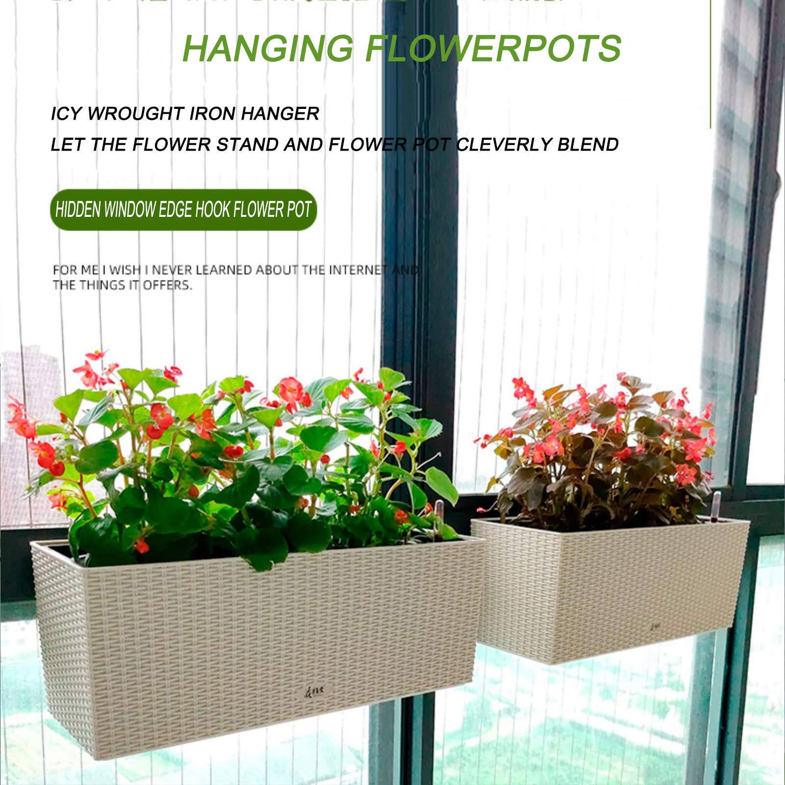 White 50cm Balcony Hanging Rattan Planters - Wicker Railing Planter with Zinc Pots, Hanging Window Box for Outdoor Flowers & Plants | Perfect for Deck, Patio & Garden Decor