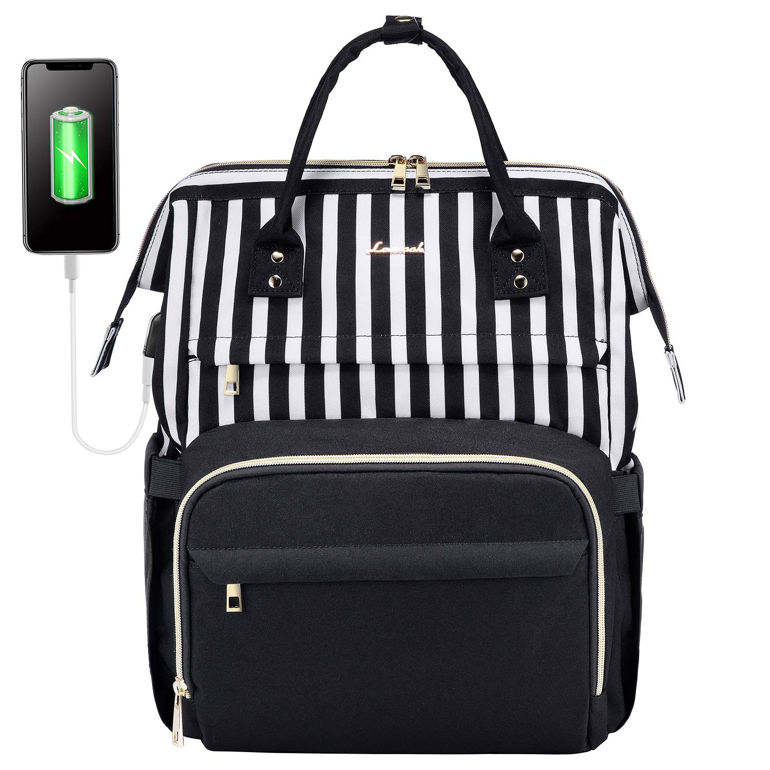 LOVEVOOK Stylish Women's Laptop Backpack - 15.6 Inch Business Work Bag with Large Capacity, Water Resistant College Rucksack for Teachers & Students | Perfect for Office, Travel & School | Stripe Black 02