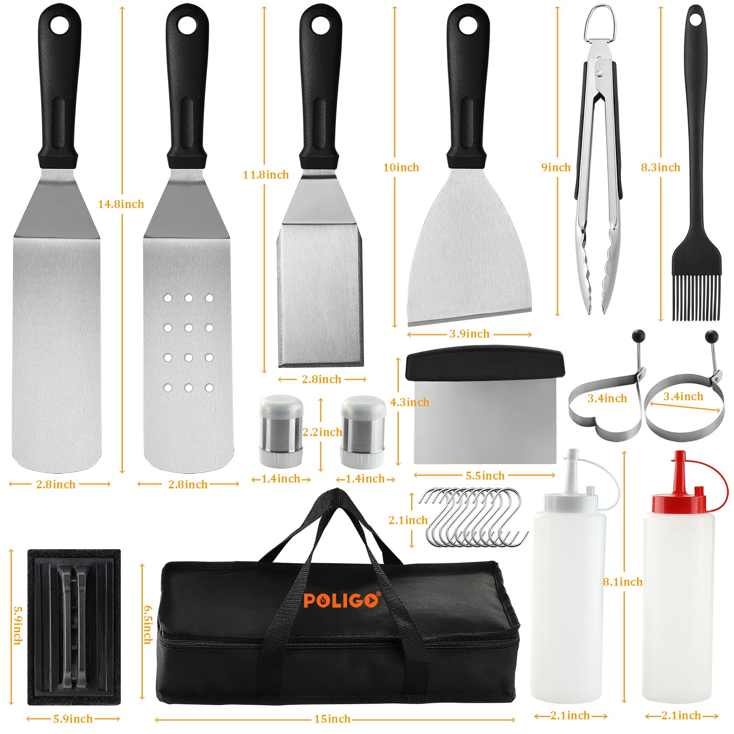 POLIGO 25-Piece Flat Top Griddle Accessories Kit - Stainless Steel Teppanyaki Tools Set with Spatula, Chopper, Tongs, Cleaning Brush & Storage Bag - Perfect for Indoor/Outdoor BBQ, Camping & Backyard Cooking - Great Gift for Grill Lovers & Home Chefs