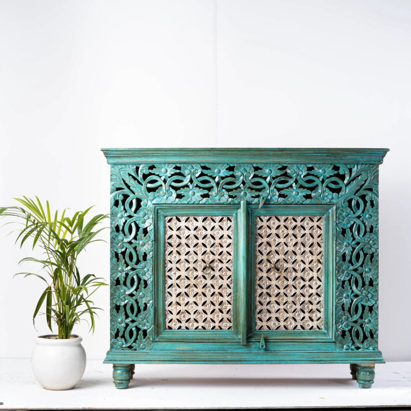 Hand Carved Solid Wooden Hallway Cabinet with Two Doors - Rustic Entryway Storage for Shoes, Coats & Decor | Perfect for Small Spaces & Narrow Halls